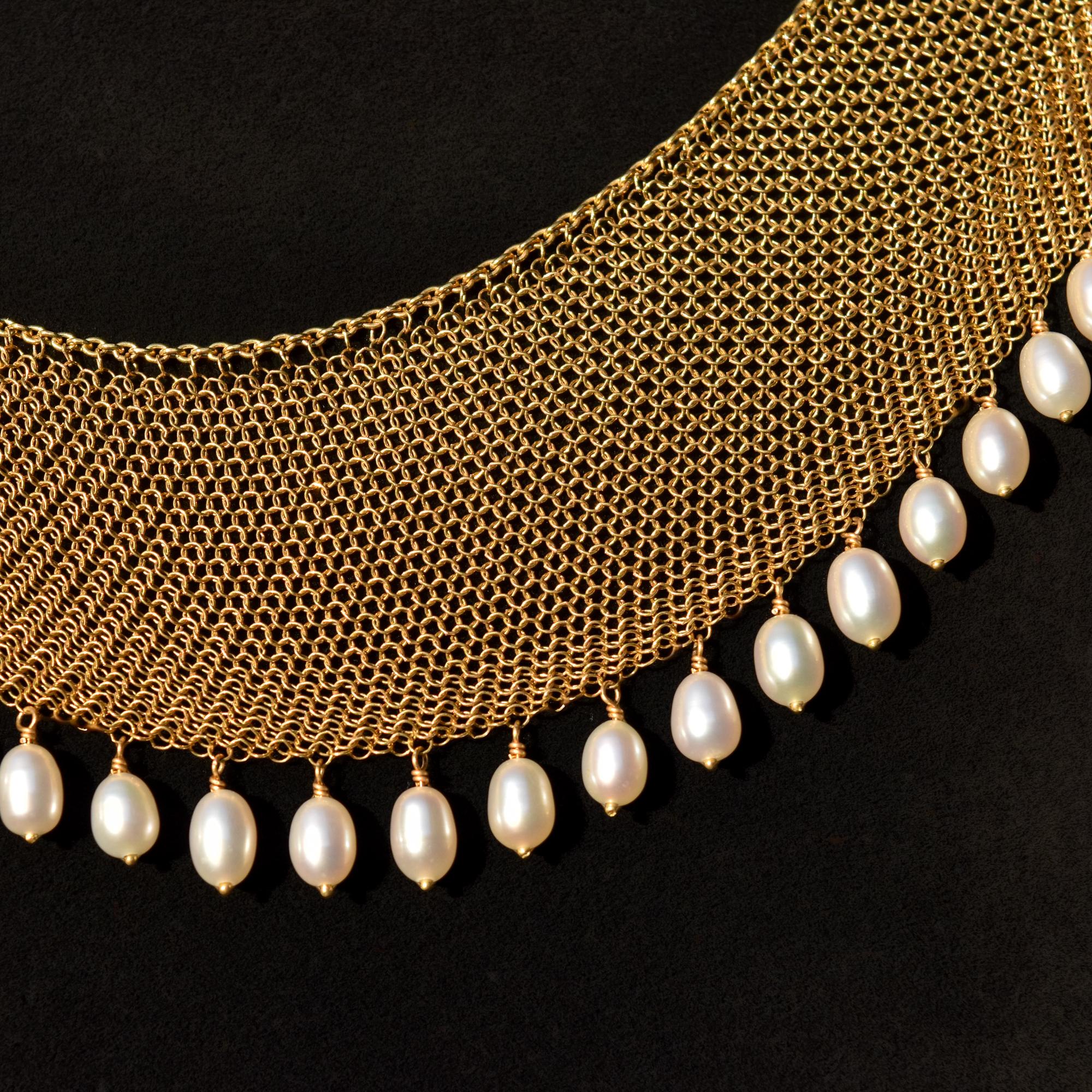 Elsa Peretti For Tiffany 18K Yellow Gold Mesh Pearl Bib Necklace 9
