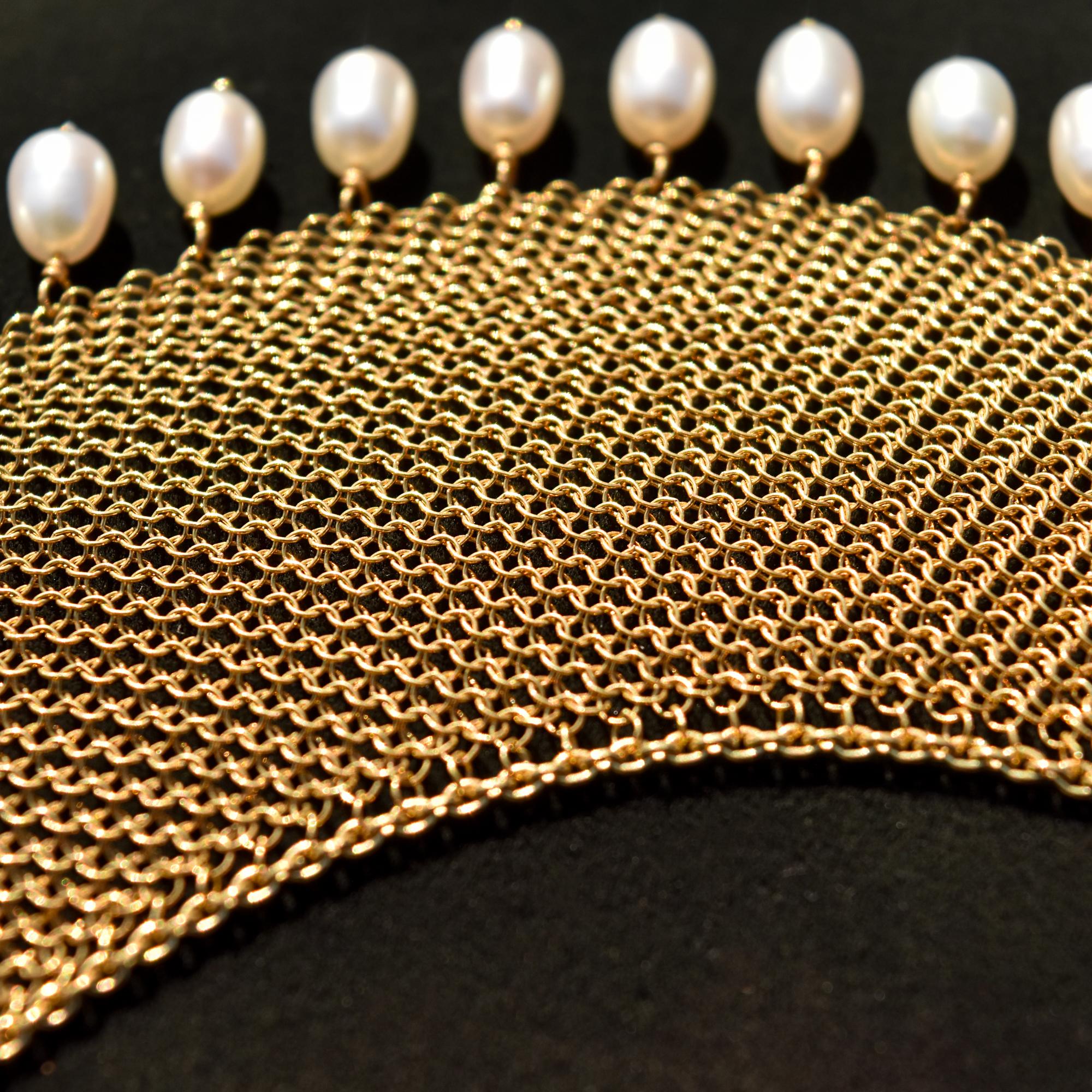 Elsa Peretti For Tiffany 18K Yellow Gold Mesh Pearl Bib Necklace 11