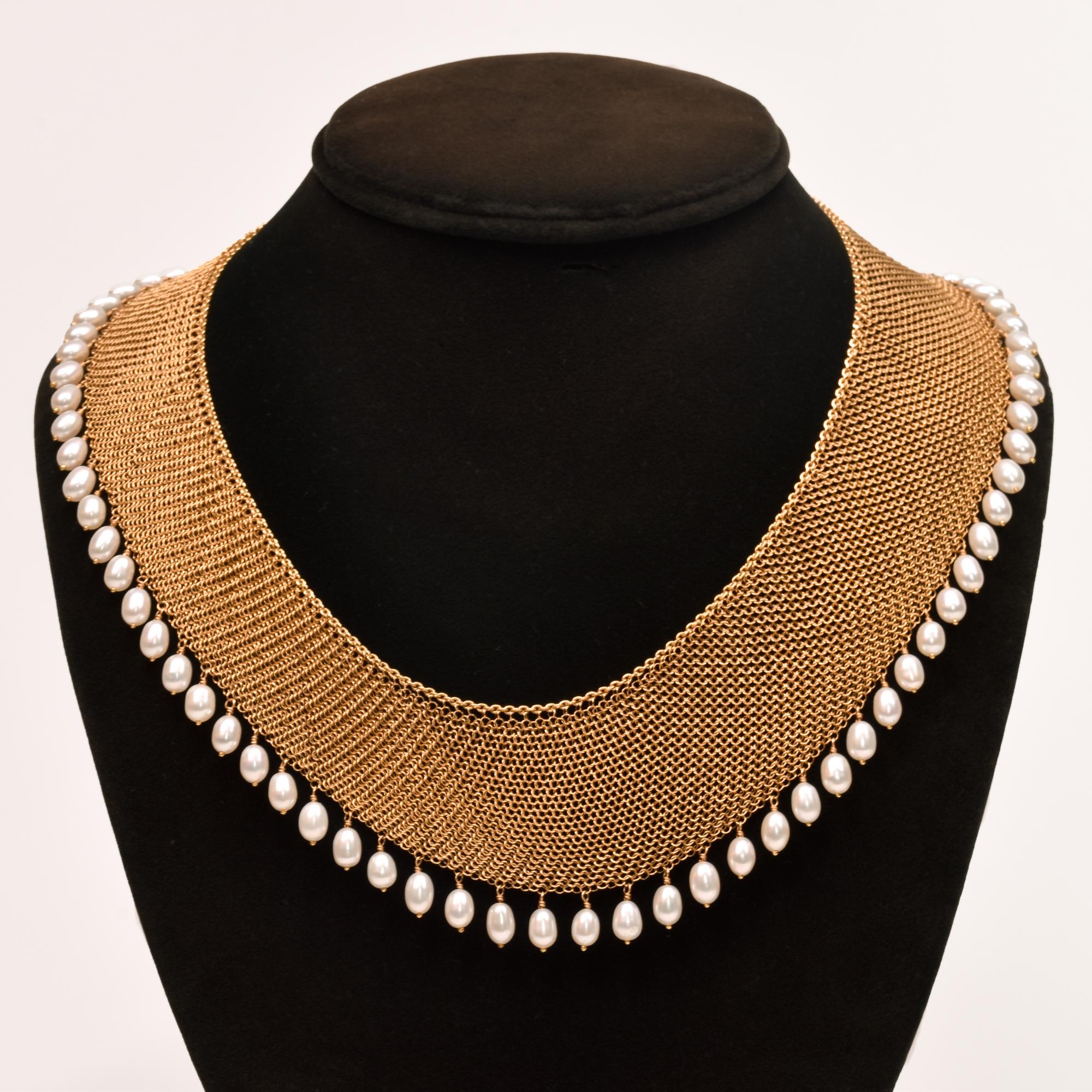 Contemporary Elsa Peretti For Tiffany 18K Yellow Gold Mesh Pearl Bib Necklace