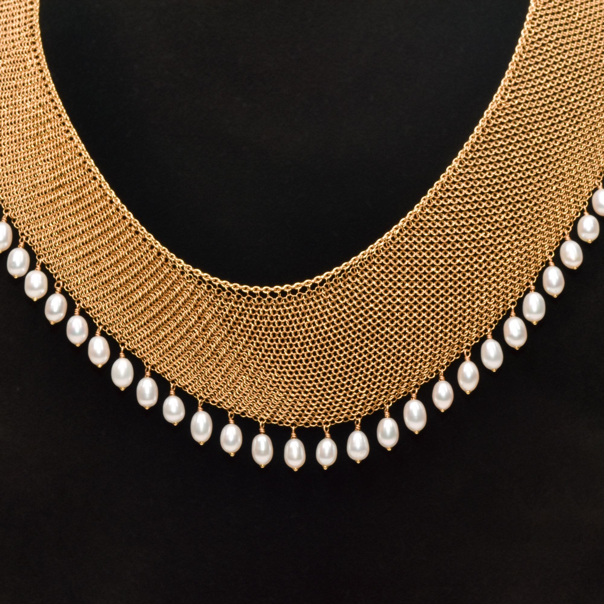 Uncut Elsa Peretti For Tiffany 18K Yellow Gold Mesh Pearl Bib Necklace