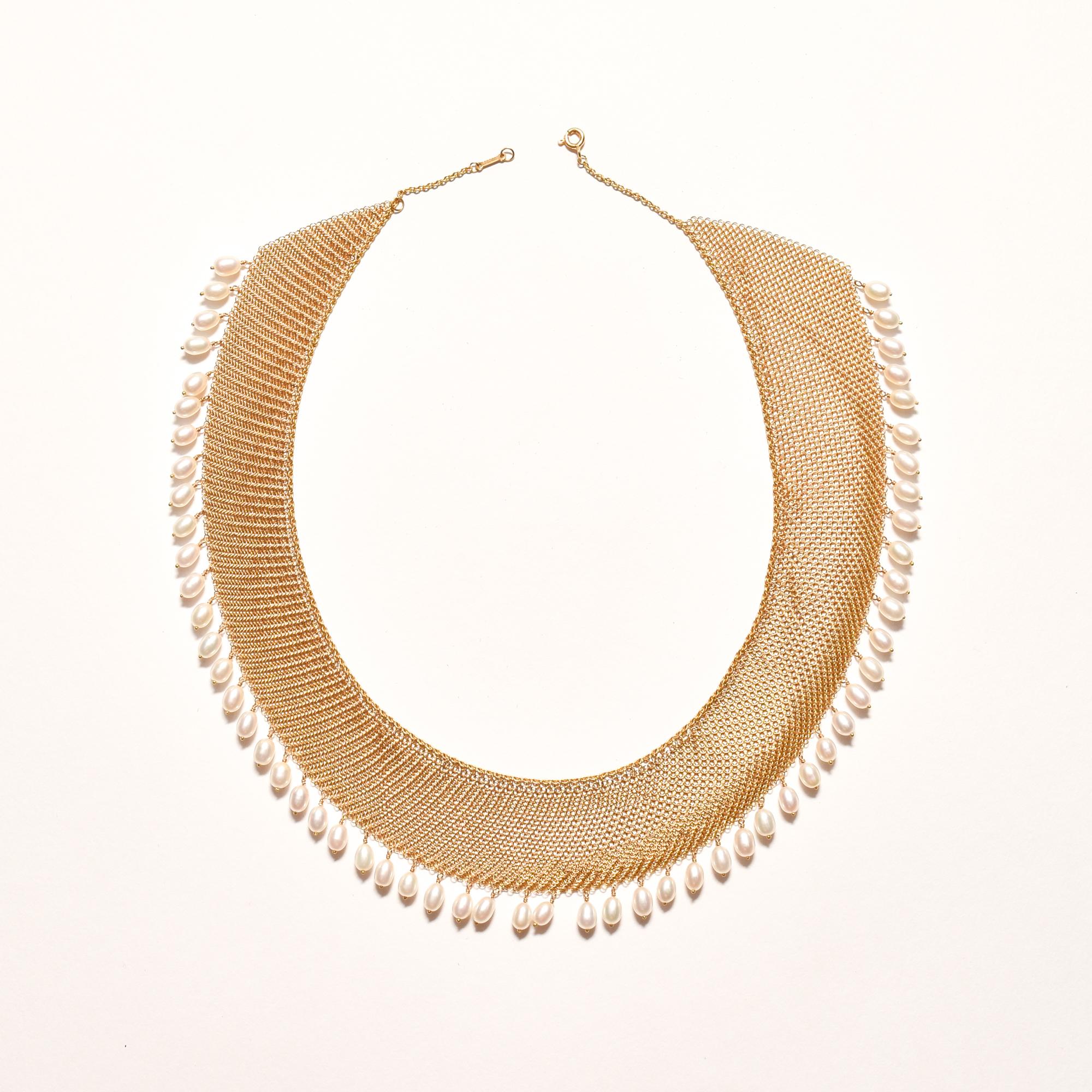 Elsa Peretti For Tiffany 18K Yellow Gold Mesh Pearl Bib Necklace 1