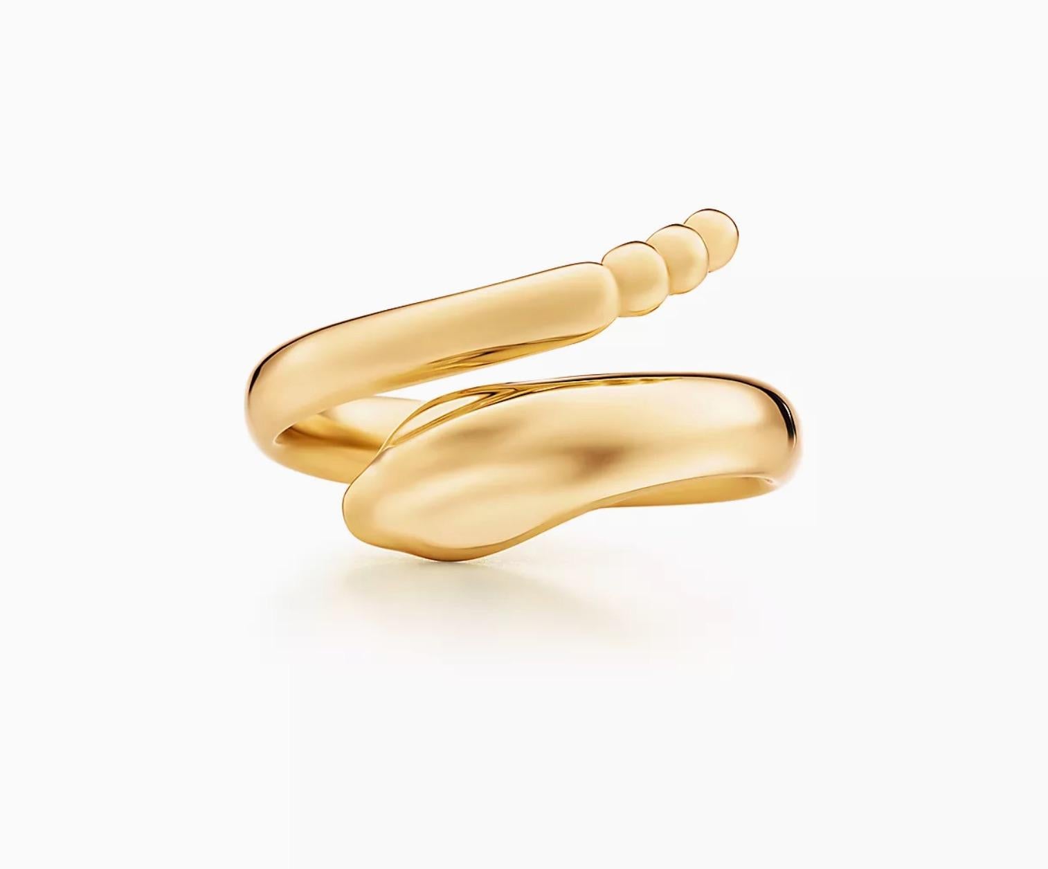 This snake ring is a must for any collection! Designed by Elsa Peretti for Tiffany & Co., this takes the historic snake design and adds a modern sleek touch. 

Crafted in 18 karat gold, this ring beautifully winds up the finger and is incredibly