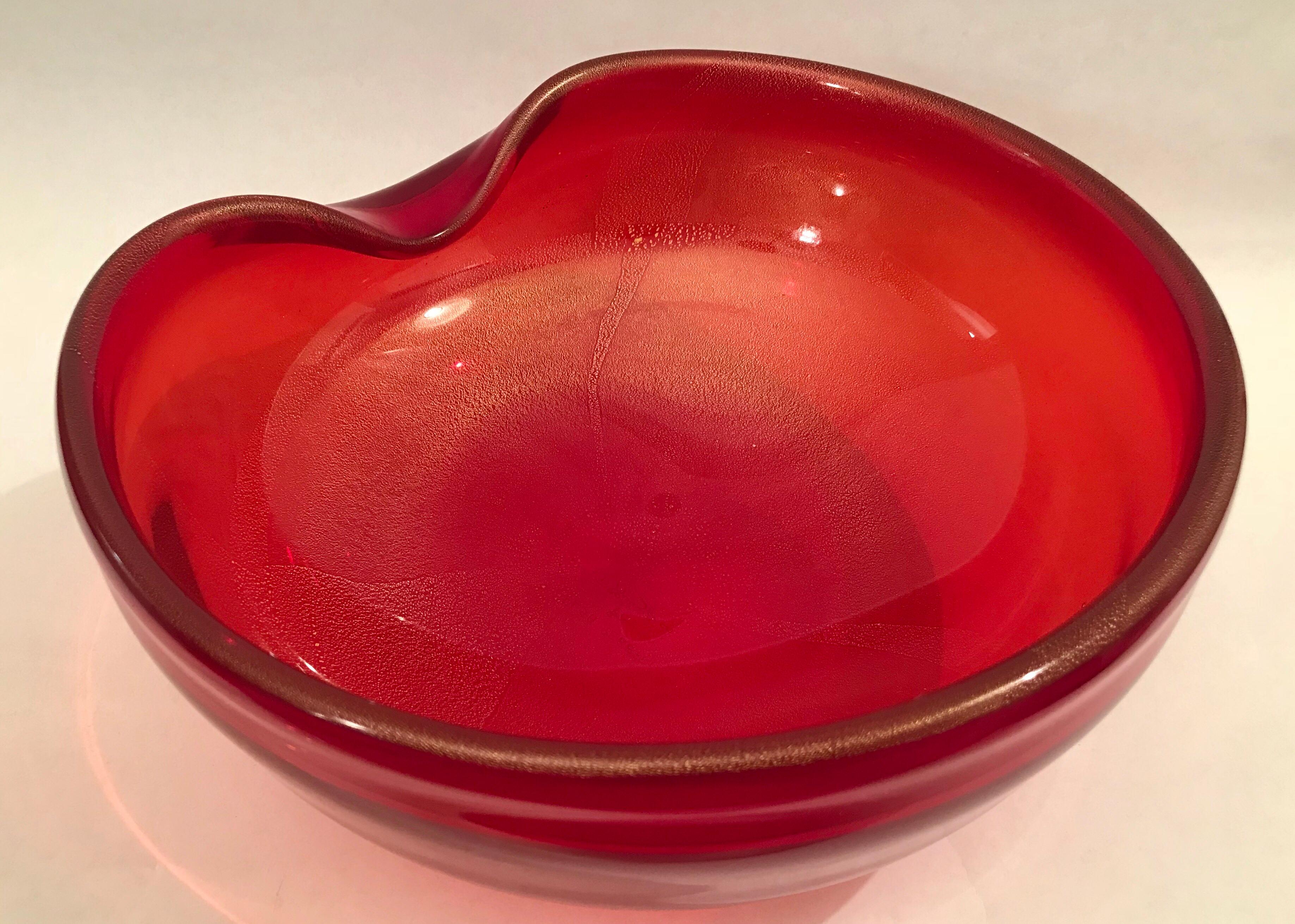 Elsa Peretti for Tiffany & Co. large red with gold inclusions art glass Thumbprint bowl.
