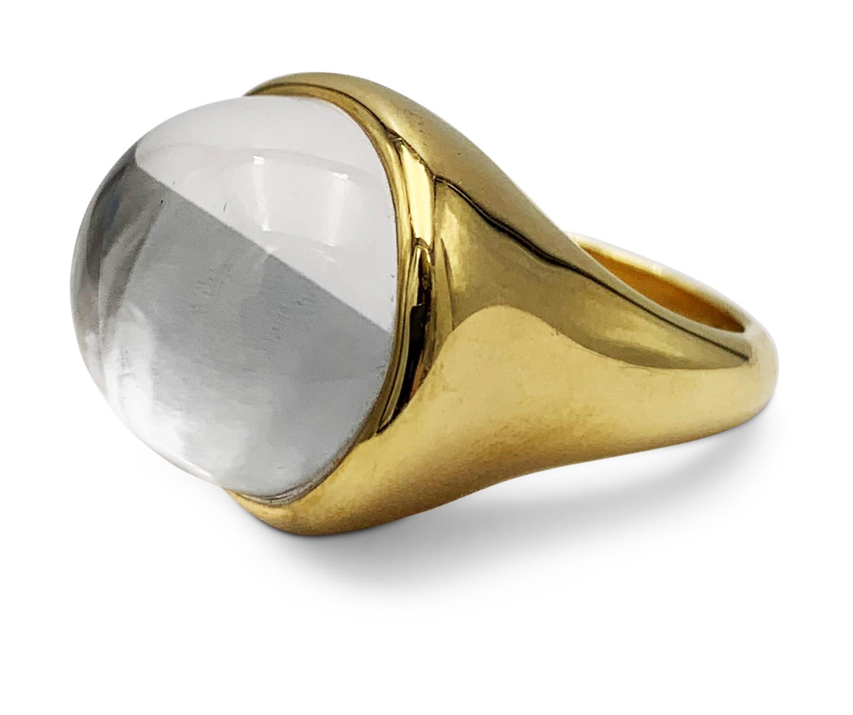 Authentic Tiffany & Co. Elsa Peretti cabochon rock crystal ring crafted in 18 karat yellow gold. Signed Tiffany & Co., Elsa Peretti, 750, Hong Kong. Ring size 7. Not presented with the original box or papers. CIRCA 2010s. 