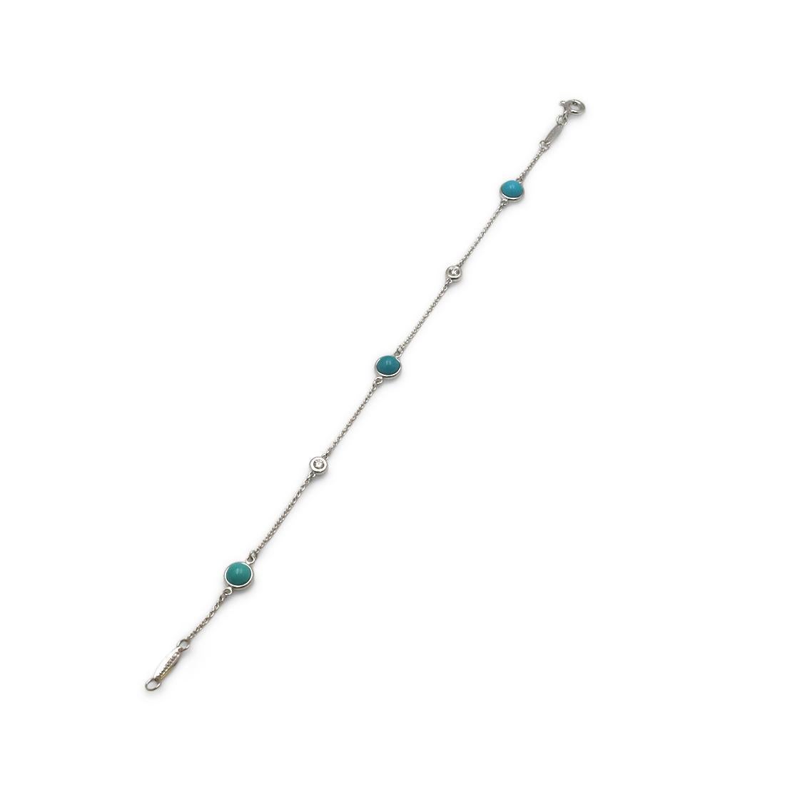 Authentic Elsa Peretti For Tiffany & Co. Color By The Yard bracelet crafted in sterling silver. This bracelet is set with alternating turquoise cabochons and round brilliant diamonds with an estimated .10 total carats weight. Fits up to a 7 inch