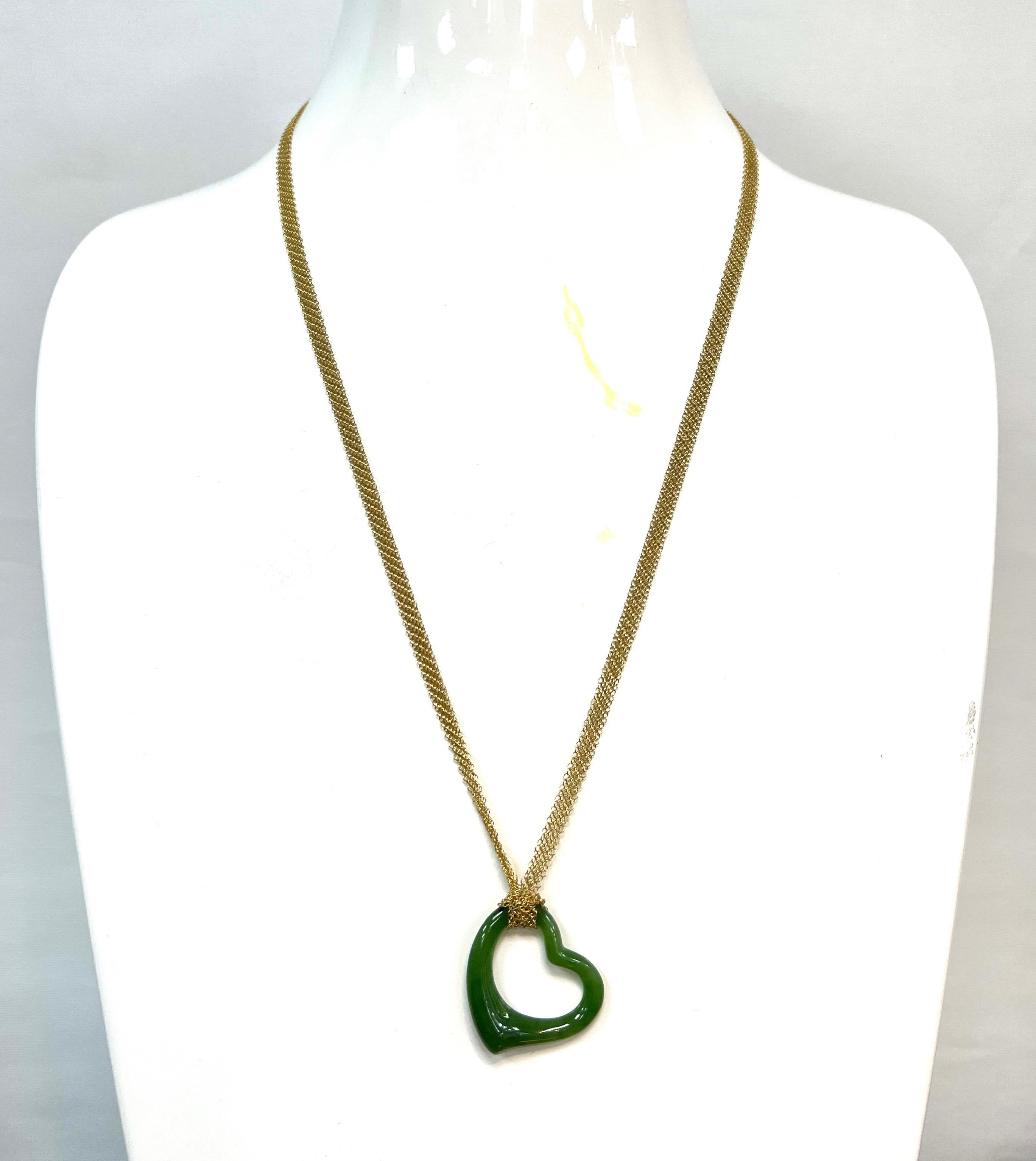 Elsa Peretti for Tiffany & Co. Open Heart Jade Pendant Long Mesh Necklace In Excellent Condition In New York, NY