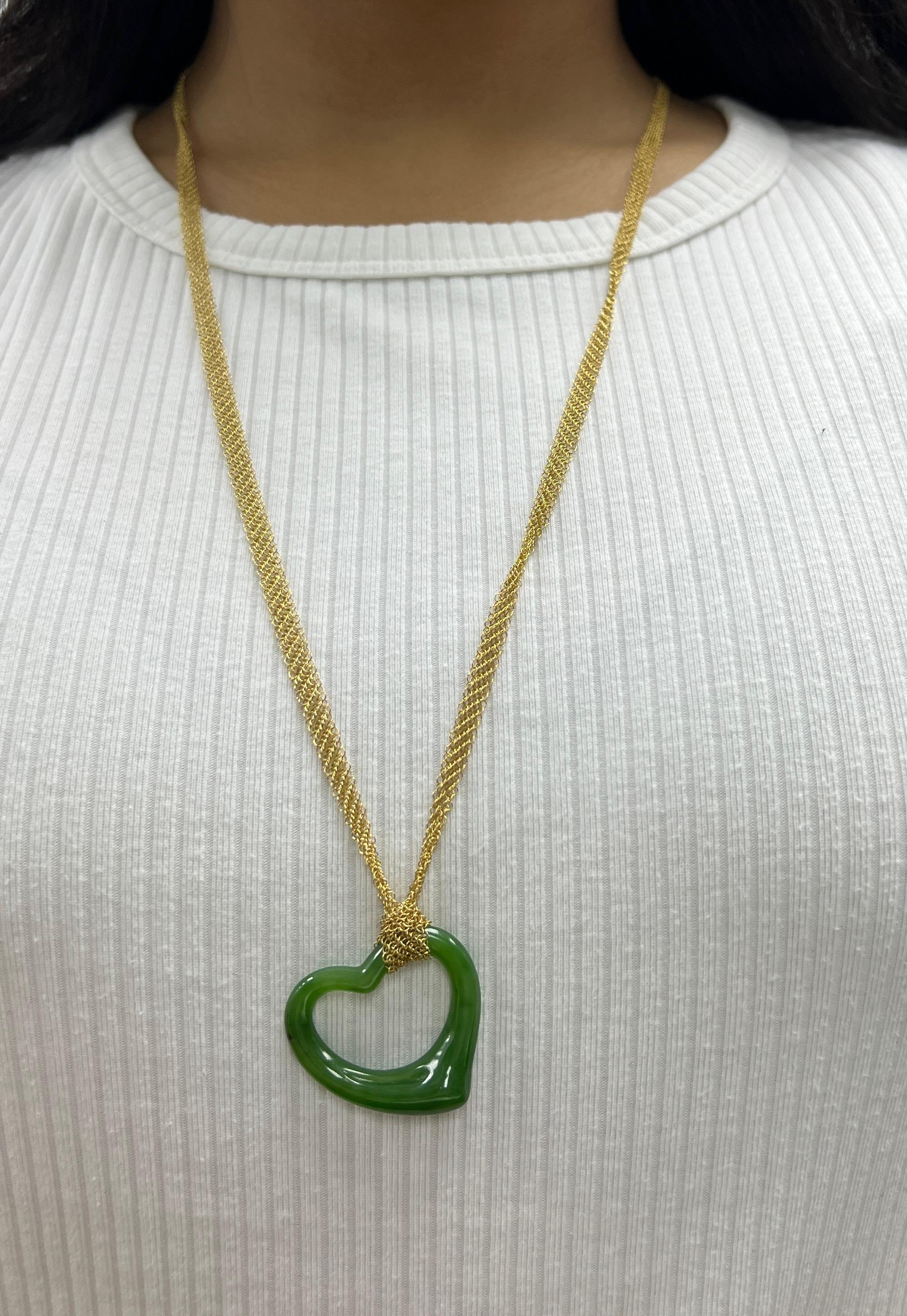 Women's Elsa Peretti for Tiffany & Co. Open Heart Jade Pendant Long Mesh Necklace