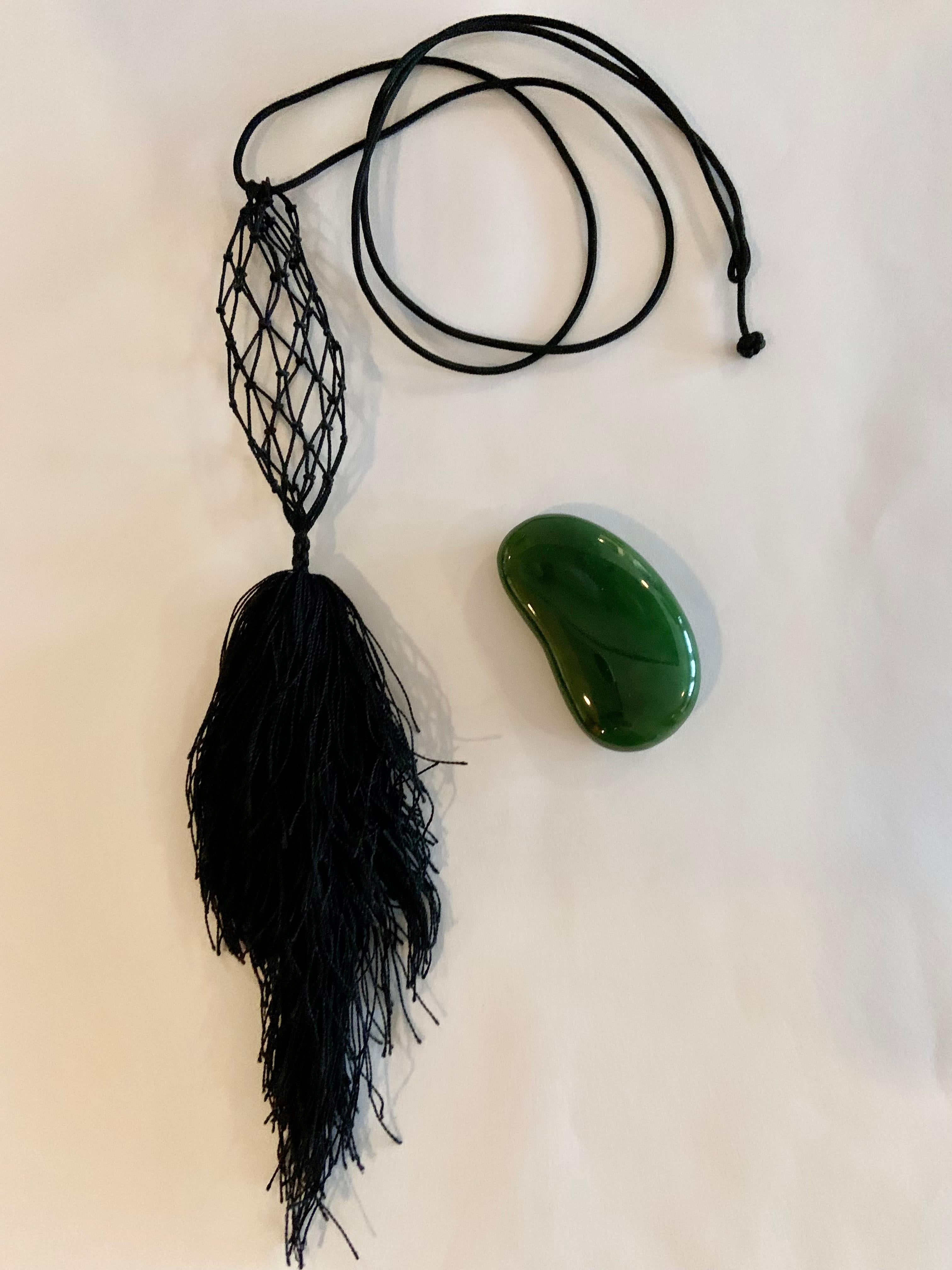 Cabochon Elsa Peretti for Tiffany Jade Bean Hand Woven Black Mesh Necklace with Tassel 