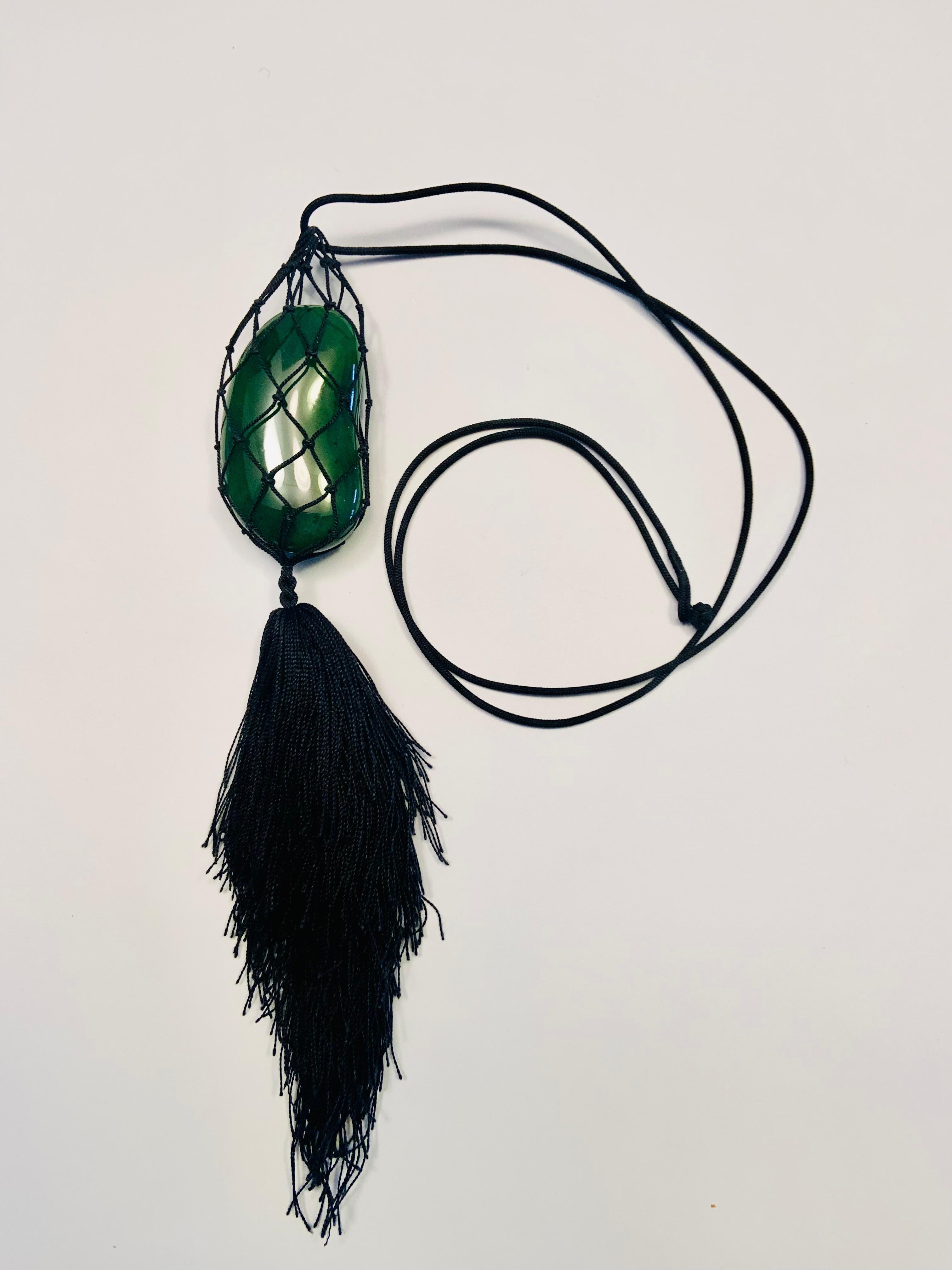Contemporary Elsa Peretti for Tiffany Jade Bean Hand Woven Black Mesh Necklace with Tassel