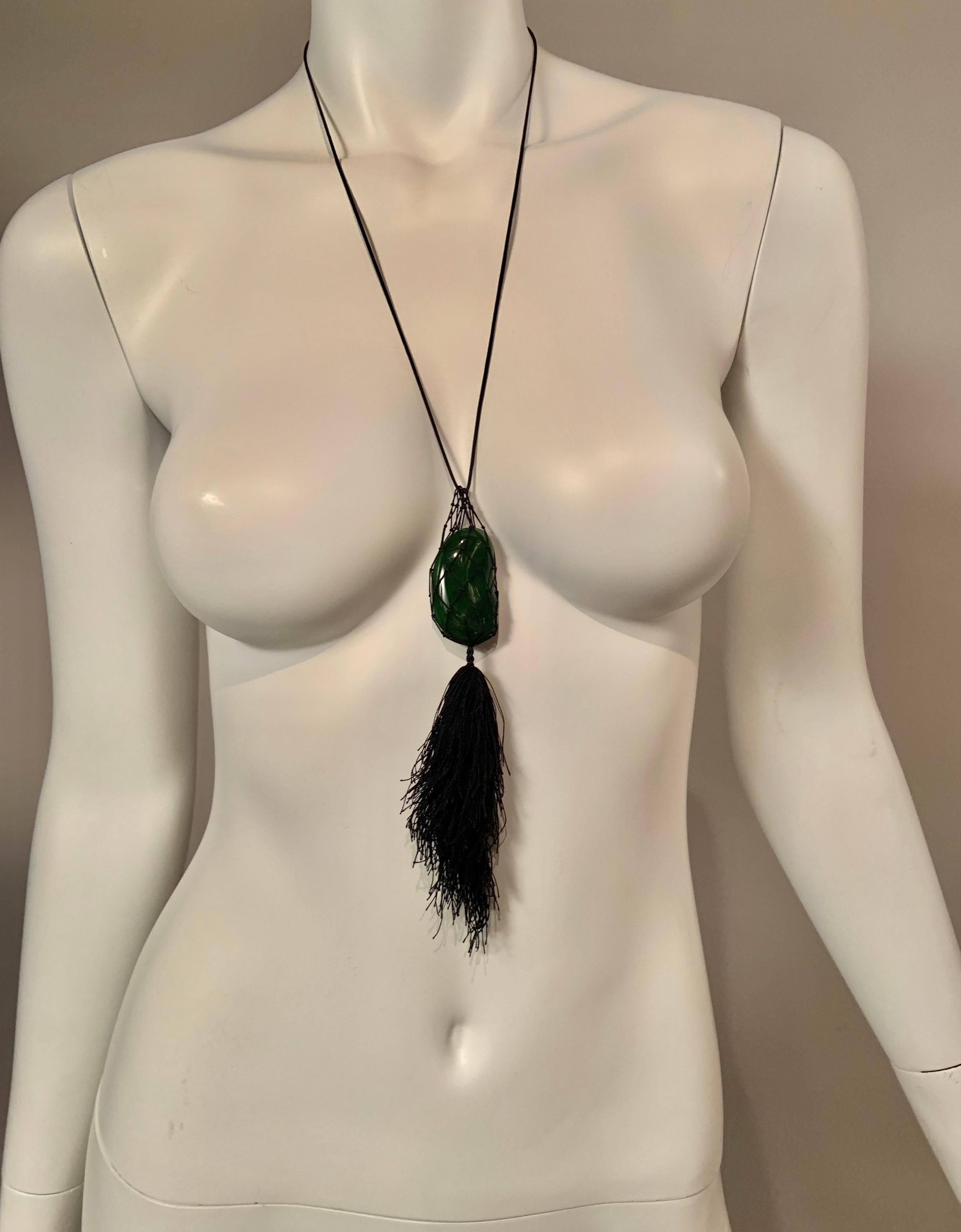 Women's Elsa Peretti for Tiffany Jade Bean Hand Woven Black Mesh Necklace with Tassel 
