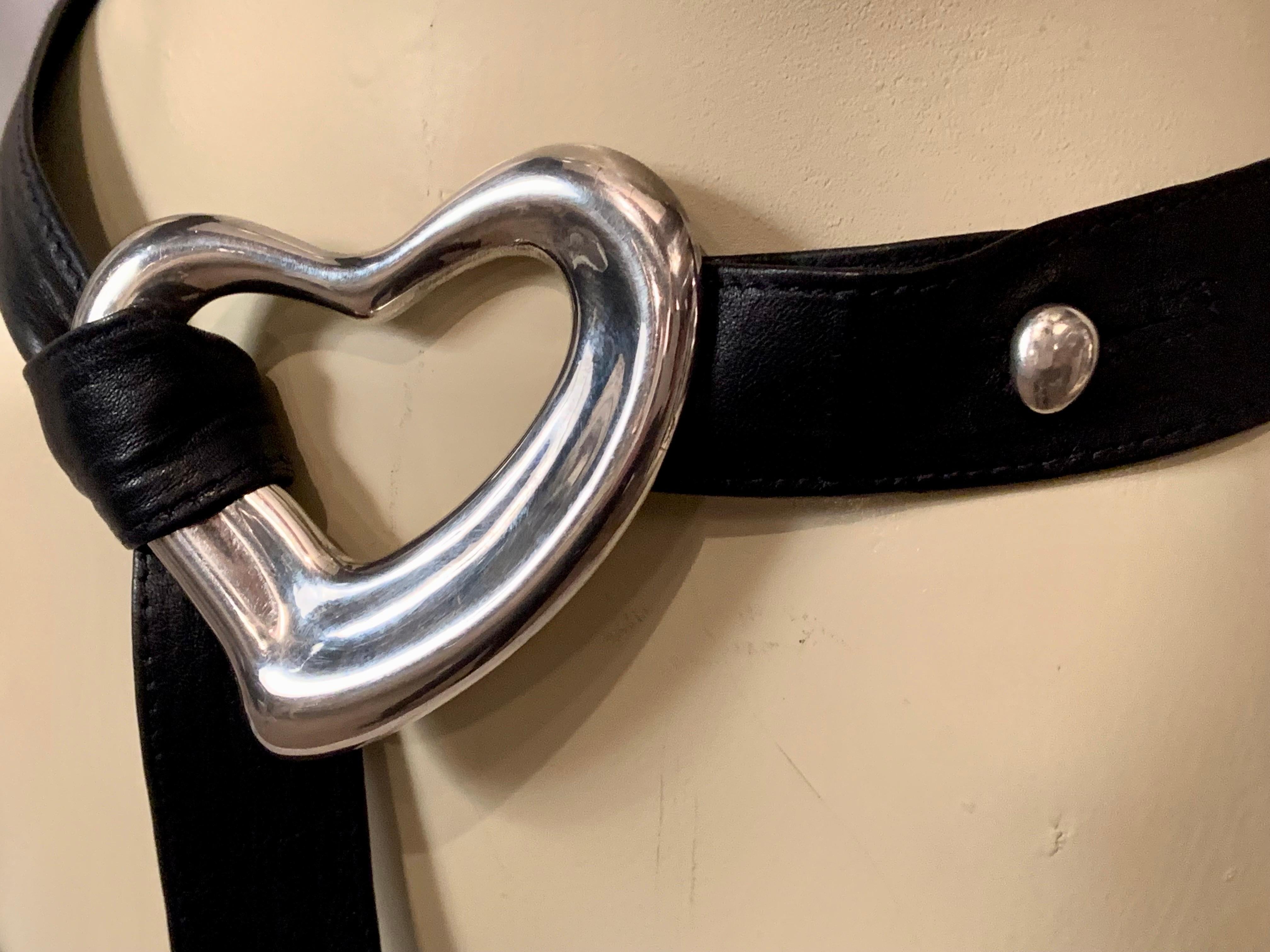 Black Elsa Peretti Medium Sterling Silver Heart Buckle and Belt with Box and Felt