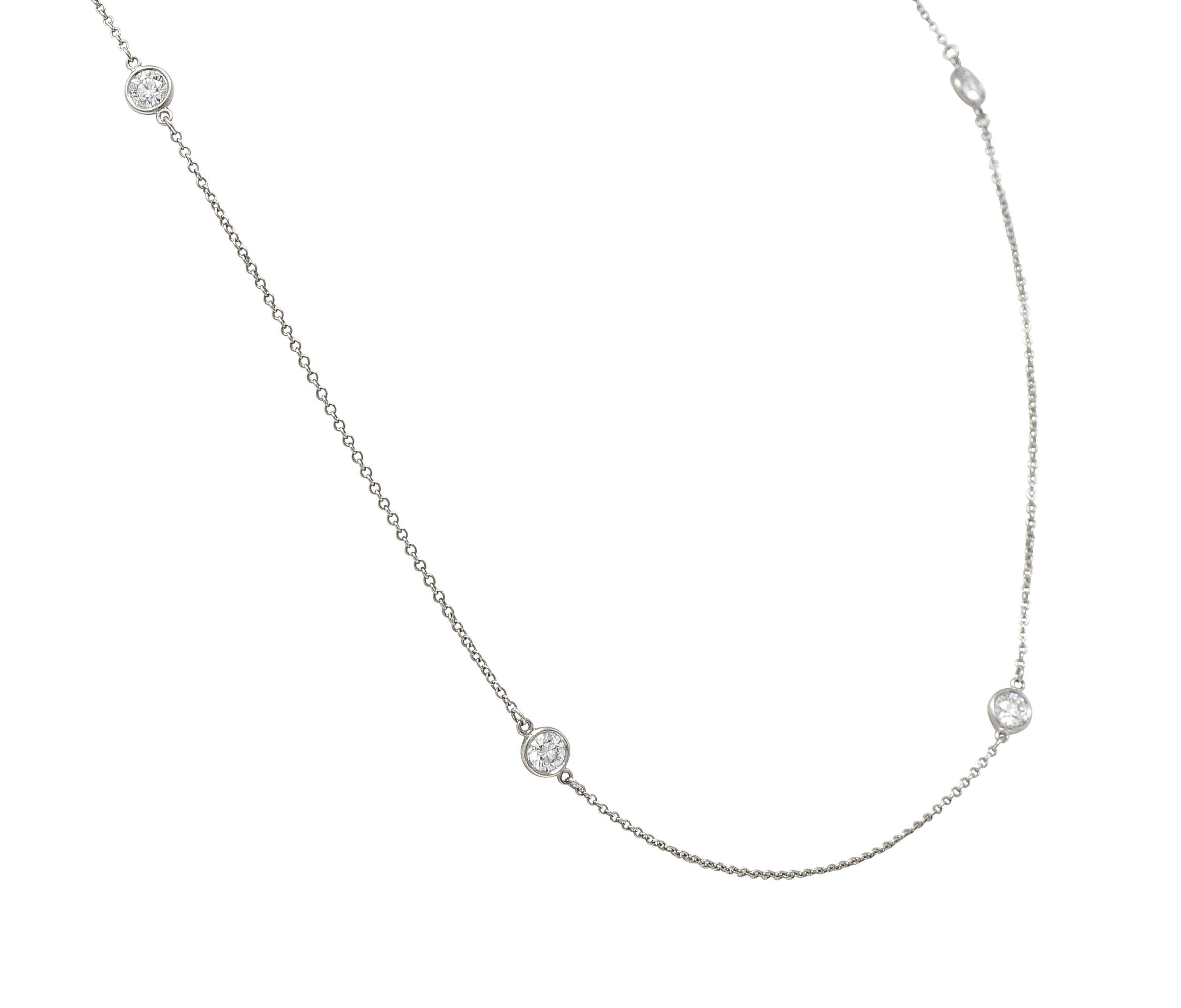 Designed as cable chain featuring fived bezel set round brilliant cut diamond stations
Weighing approximately 1.00 carat total - F/G color with VS clarity
With high polish finish
Stamped for platinum
Numbered and fully signed for Elsa Peretti for