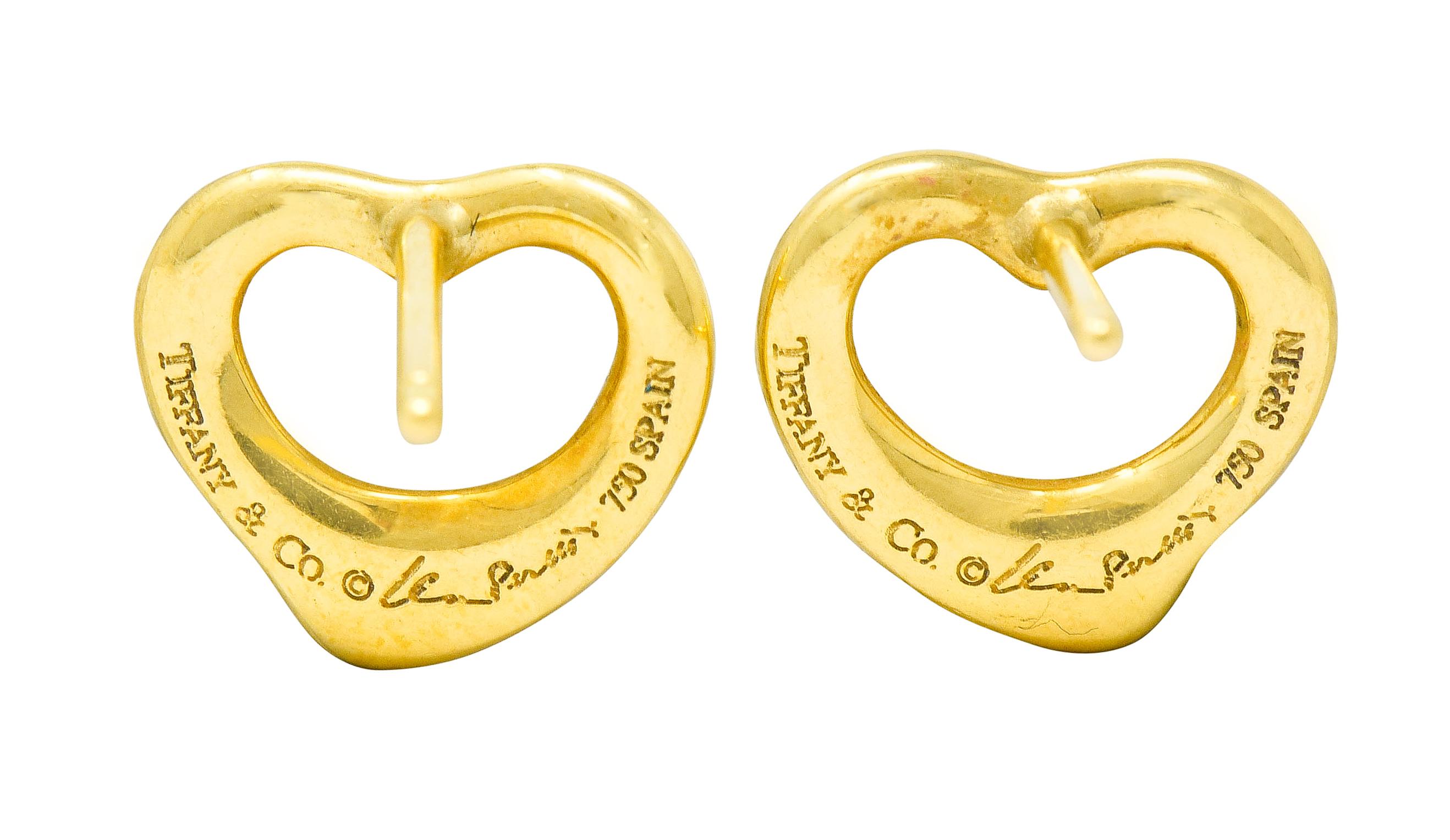 Elsa Peretti Tiffany & Co. 18 Karat Yellow Gold Open Heart Stud Earrings In Excellent Condition In Philadelphia, PA