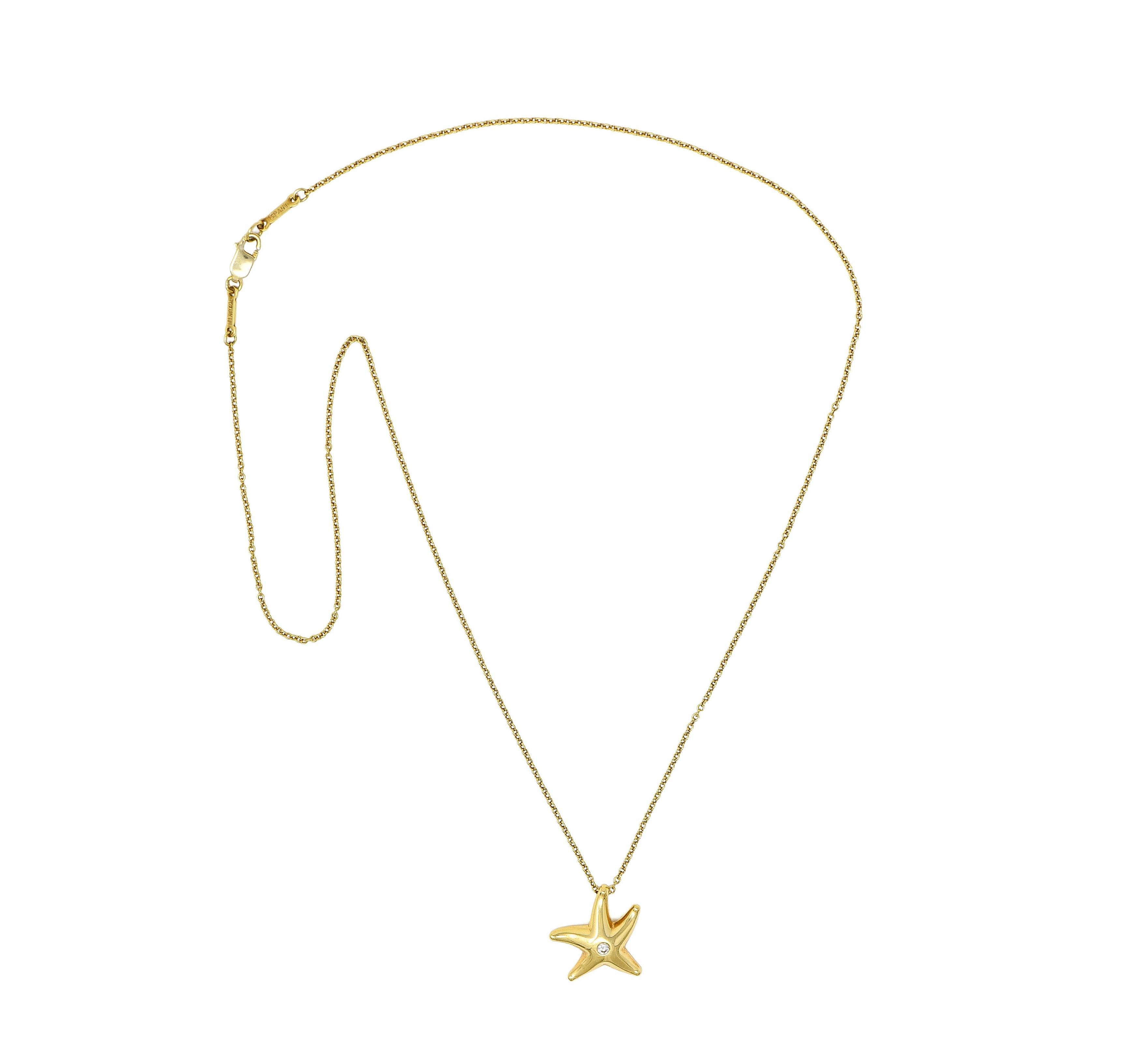 Comprised of 1.0 mm cable link chain suspending a starfish shaped pendant
Stylized and dimensional with sleek contours - high polish finish 
Centering a flush set round brilliant cut diamond
Weighing approximately 0.03 carat total - eye clean and