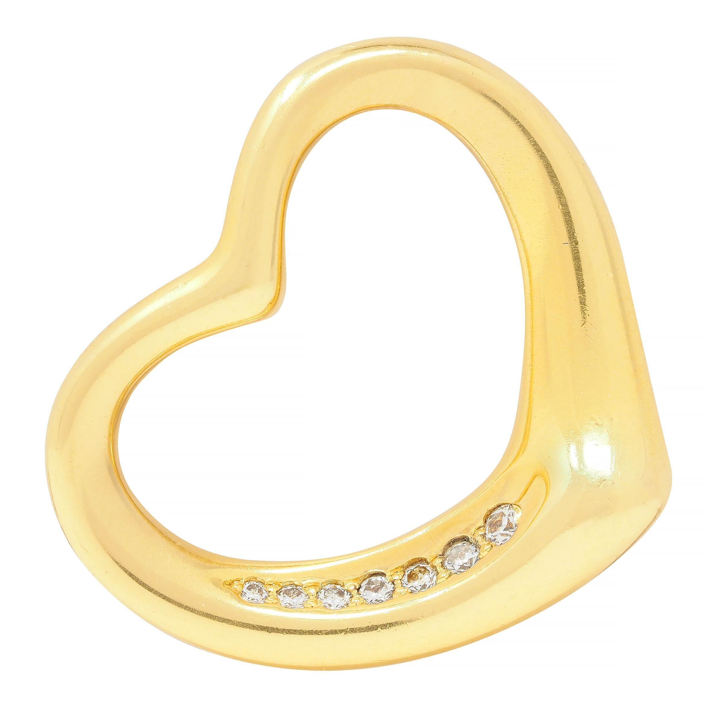 Designed as a sinuous pierced open heart pendant
With bead set round brilliant cut diamonds
Weighing approximately 0.14 carat total
Eye clean and bright
Completed by high polish finish
Stamped for 18 karat gold
Fully signed Elsa Peretti for Tiffany