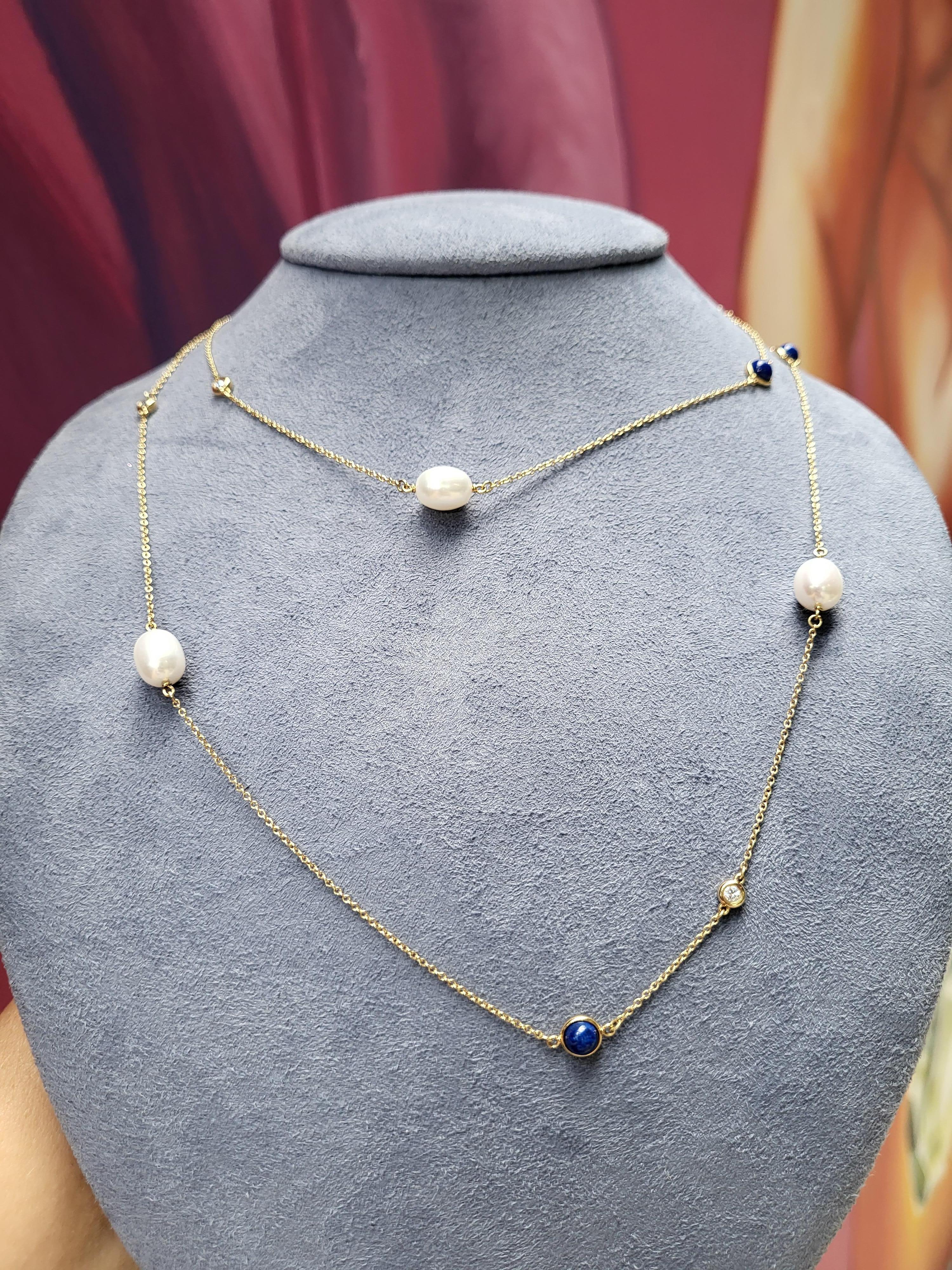 Elsa Peretti Tiffany & Co. Color By The Yard Pearl Diamond & Lapis Gold Necklace 2