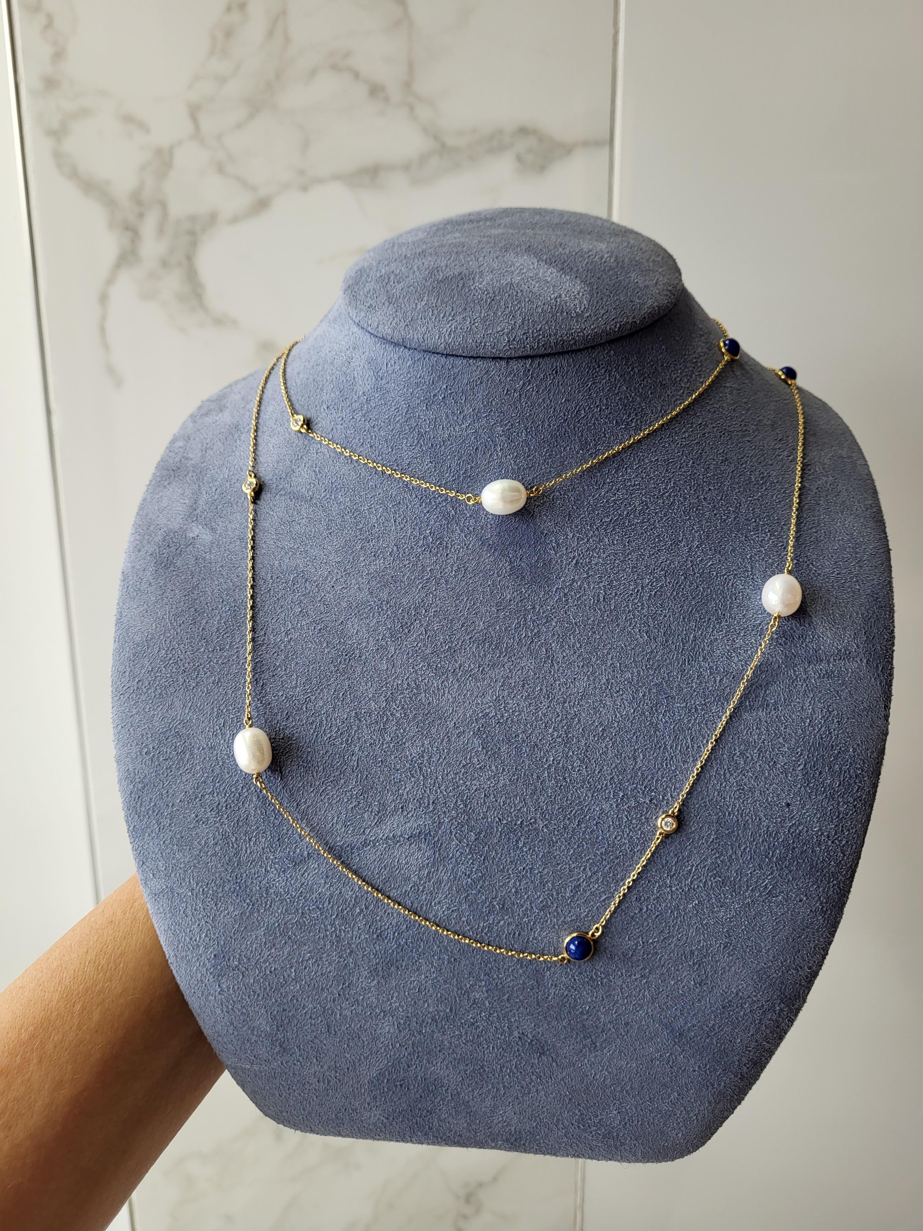 Elsa Peretti Tiffany & Co. Color By The Yard Pearl Diamond & Lapis Gold Necklace 3