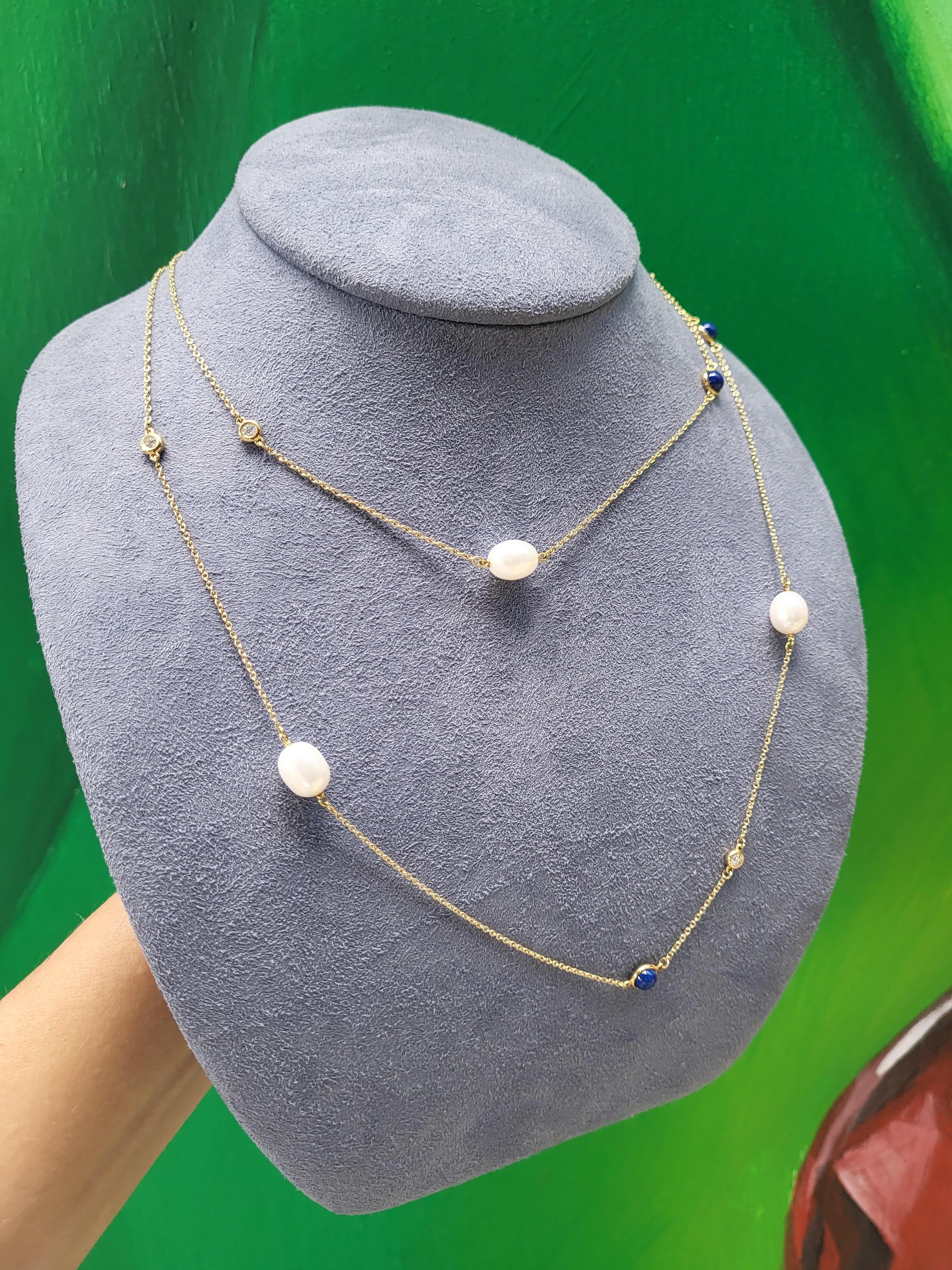 Elsa Peretti Tiffany & Co. Color By The Yard Pearl Diamond & Lapis Gold Necklace 4