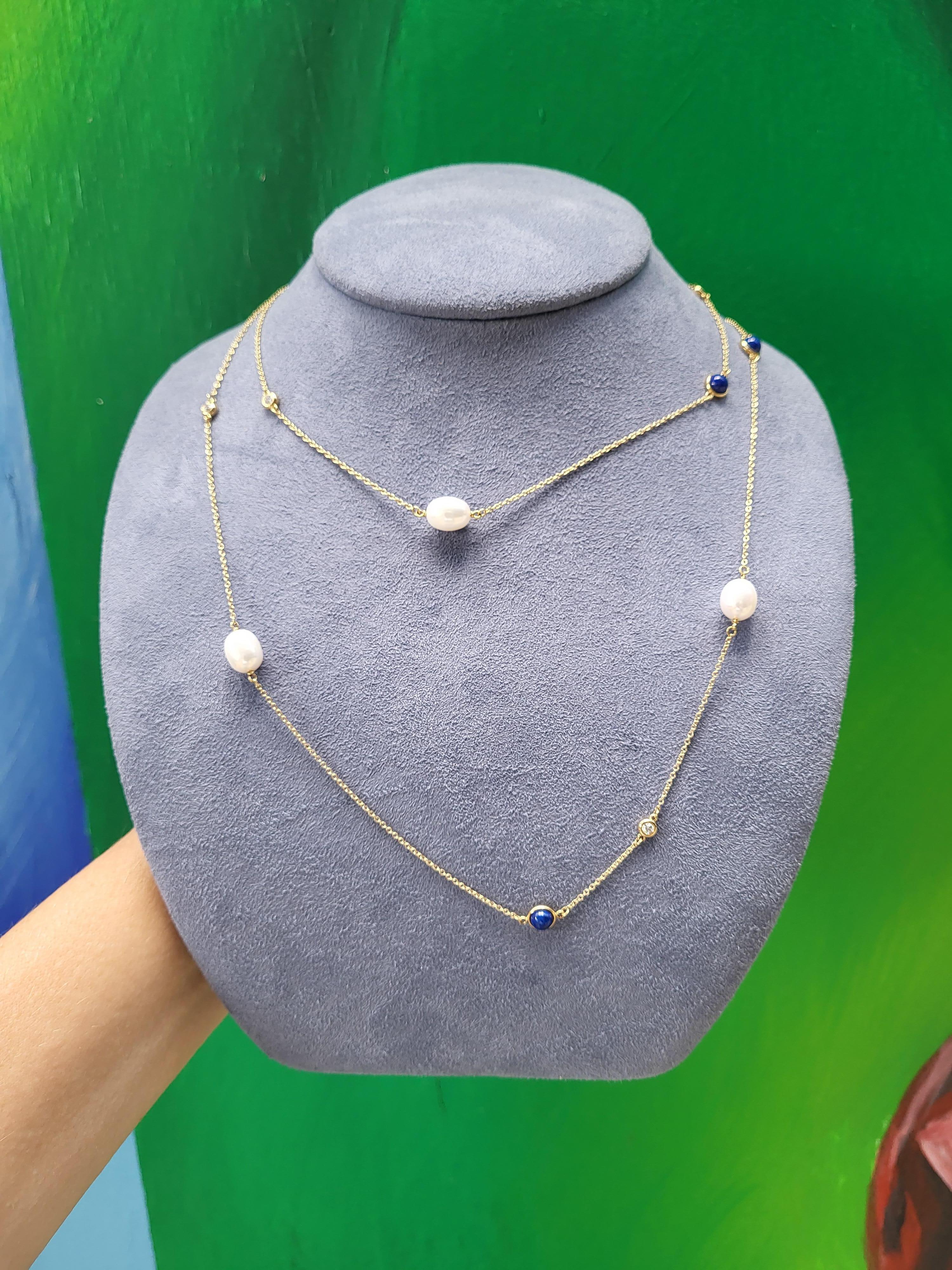 Elsa Peretti Tiffany & Co. Color By The Yard Pearl Diamond & Lapis Gold Necklace In Excellent Condition In Houston, TX