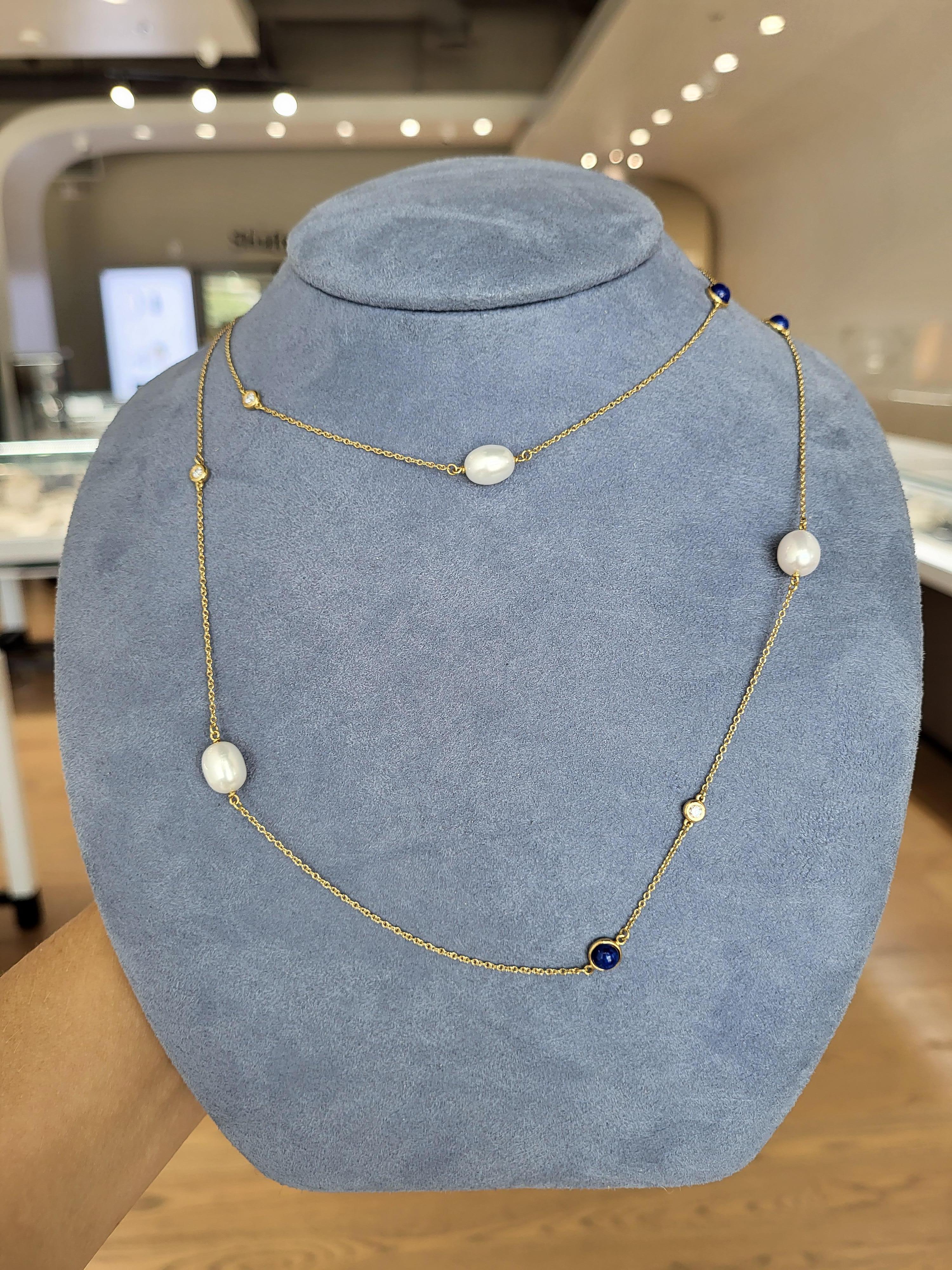Women's or Men's Elsa Peretti Tiffany & Co. Color By The Yard Pearl Diamond & Lapis Gold Necklace