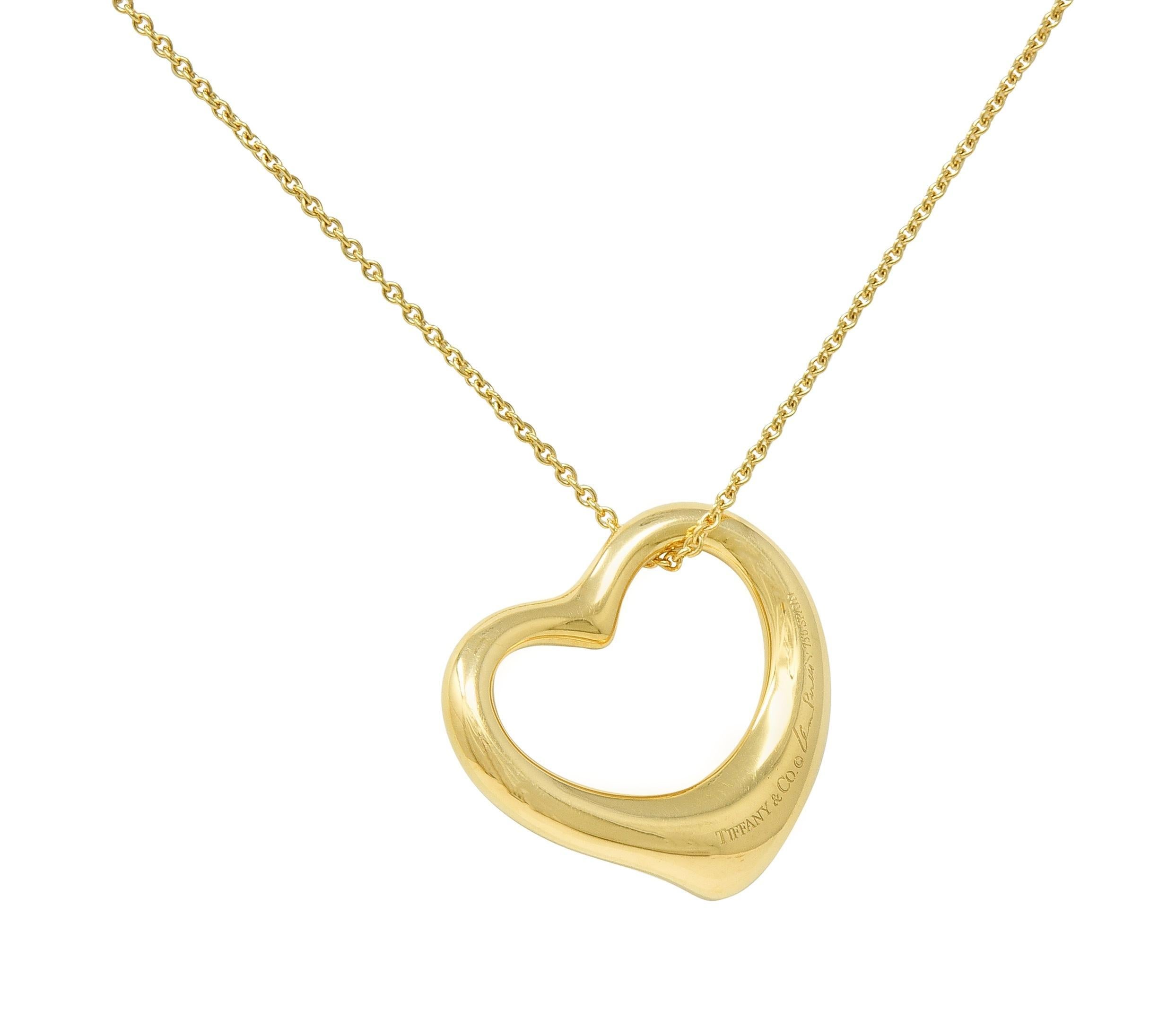 Round Cut Elsa Peretti Tiffany & Co. Diamond 18 Karat Gold Open Heart Pendant Necklace For Sale