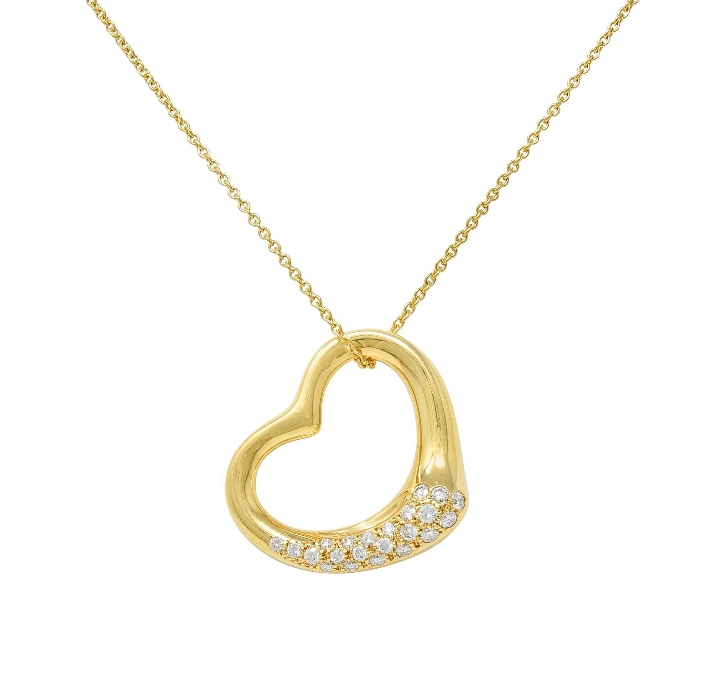 Elsa Peretti Tiffany & Co. Diamond 18 Karat Gold Open Heart Pendant Necklace In Excellent Condition For Sale In Philadelphia, PA