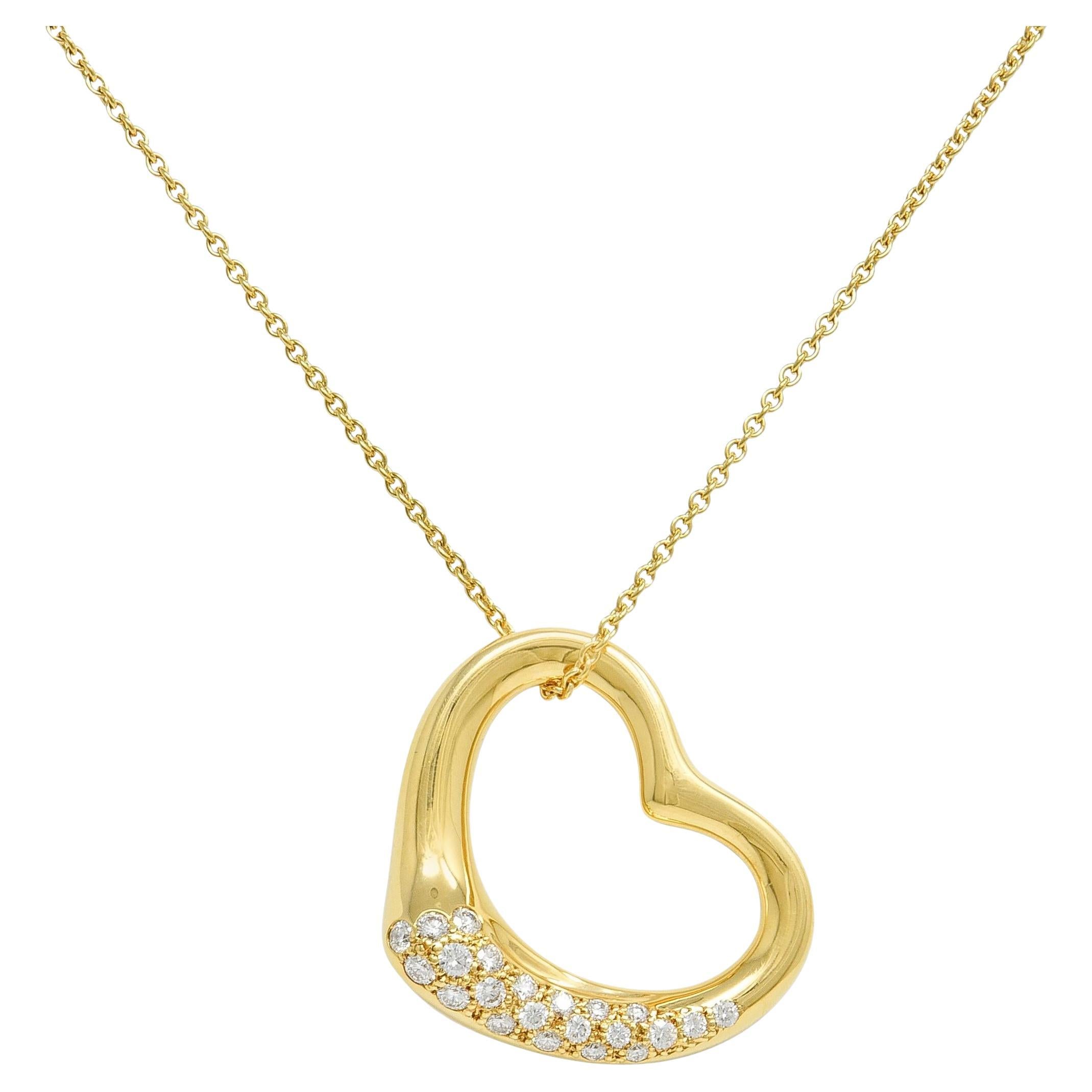 Elsa Peretti Tiffany & Co. Diamond 18 Karat Gold Open Heart Pendant Necklace For Sale