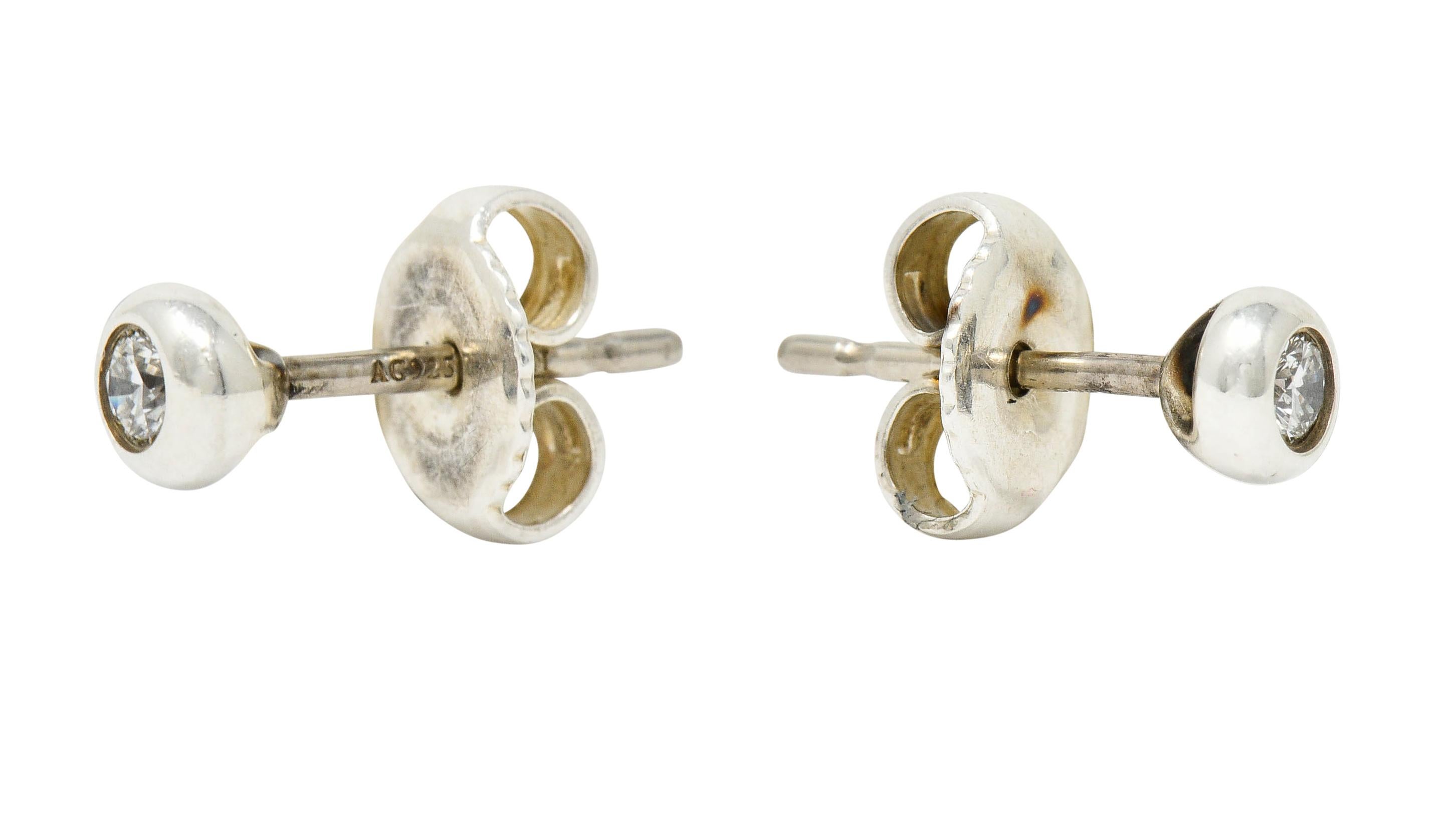 Elsa Peretti Tiffany & Co. Diamond Sterling Silver Bezel Stud Earrings In Excellent Condition In Philadelphia, PA