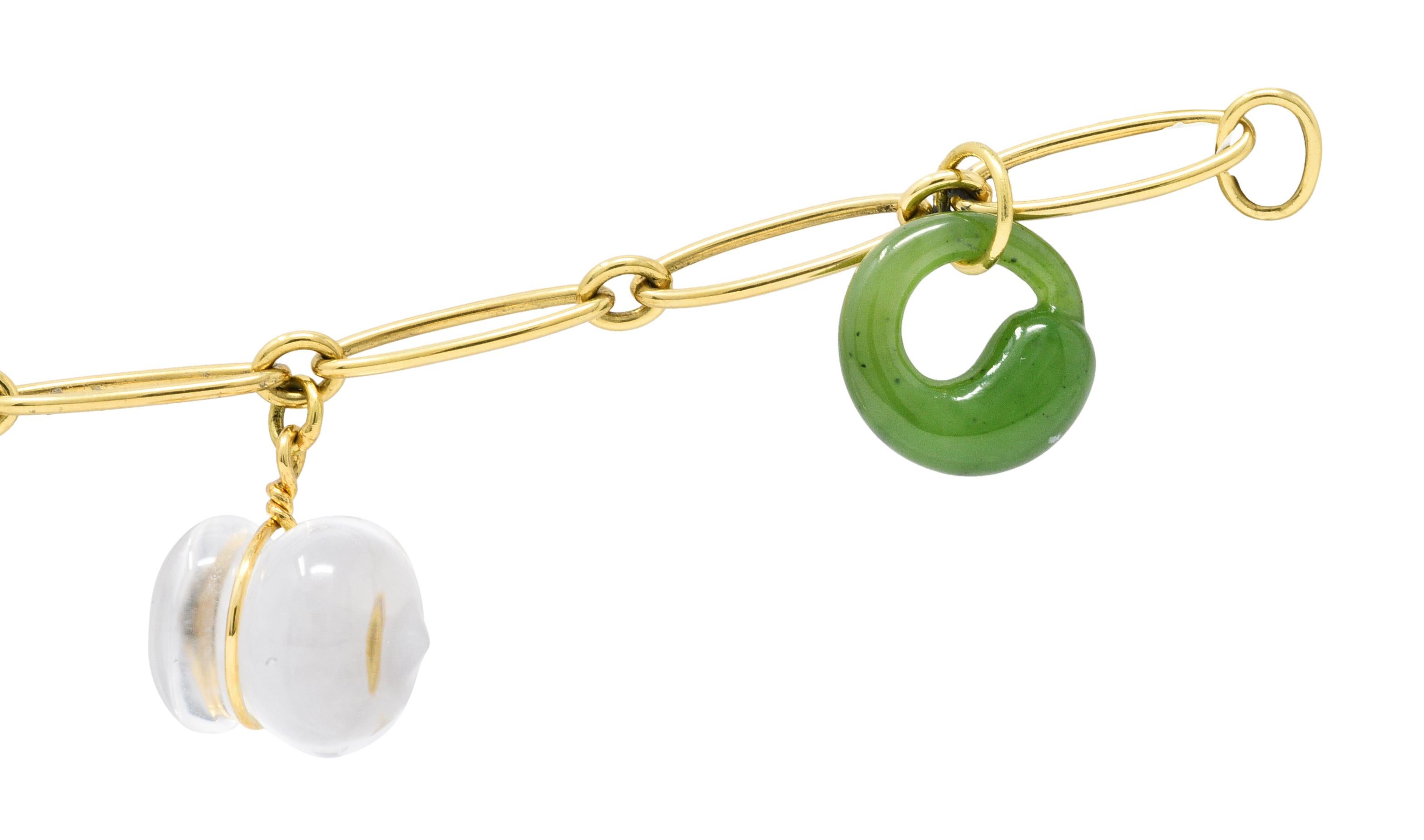 Women's or Men's Elsa Peretti Tiffany & Co. Jade Agate Crystal 18 Karat Gold Five Charm Bracelet