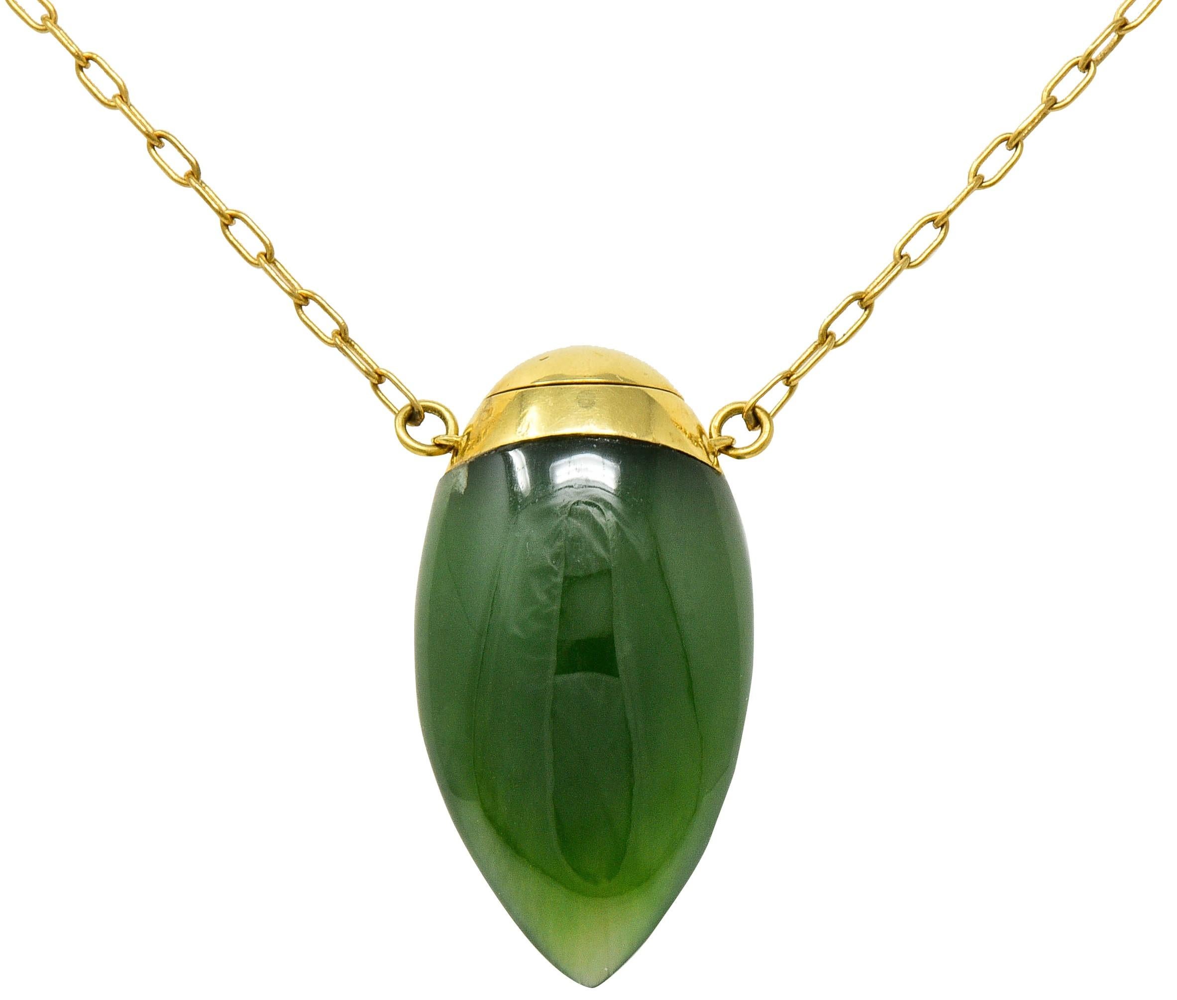Elsa Peretti Tiffany & Co. Nephrite Jade 18 Karat Gold Perfume Bottle Necklace In Excellent Condition In Philadelphia, PA