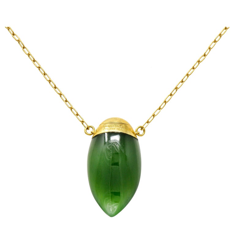 Elsa Peretti Tiffany & Co. Nephrite Jade 18 Karat Gold Perfume Bottle Necklace For Sale