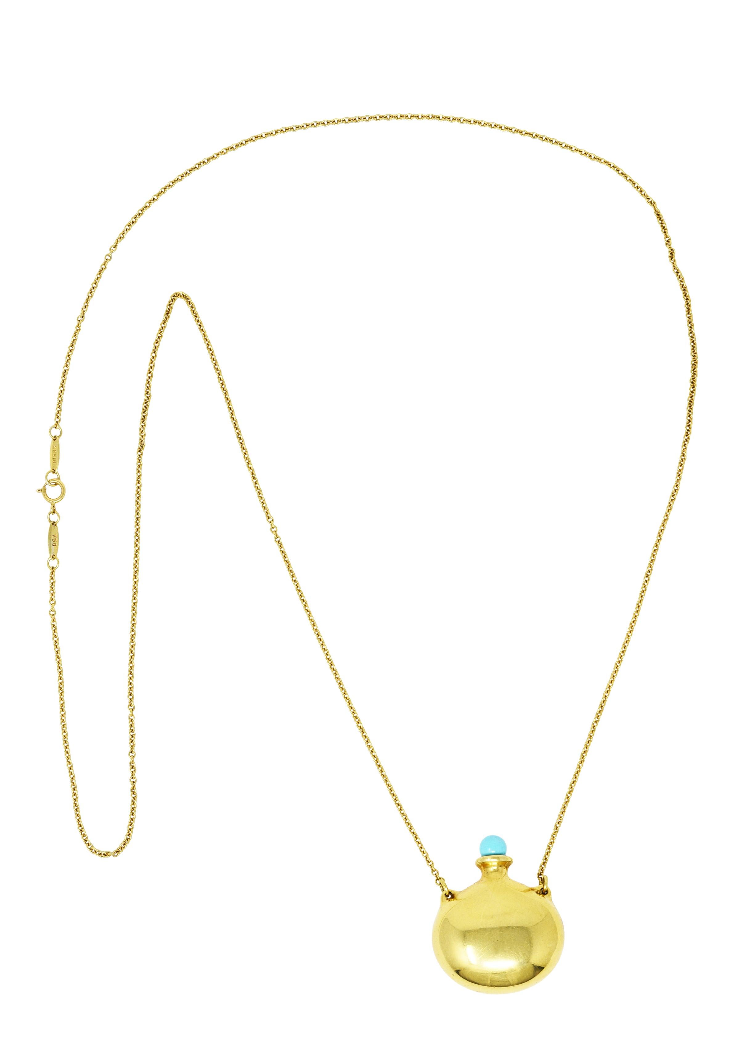 Necklace comprised of 1.5 mm cable chain 

Suspending a rounded high polished gold perfume bottle 

Perfume bottle is functional with threaded perfume wand and stopper 

Featuring a 6.0 mm round turquoise topped stopper - robin's egg blue in color