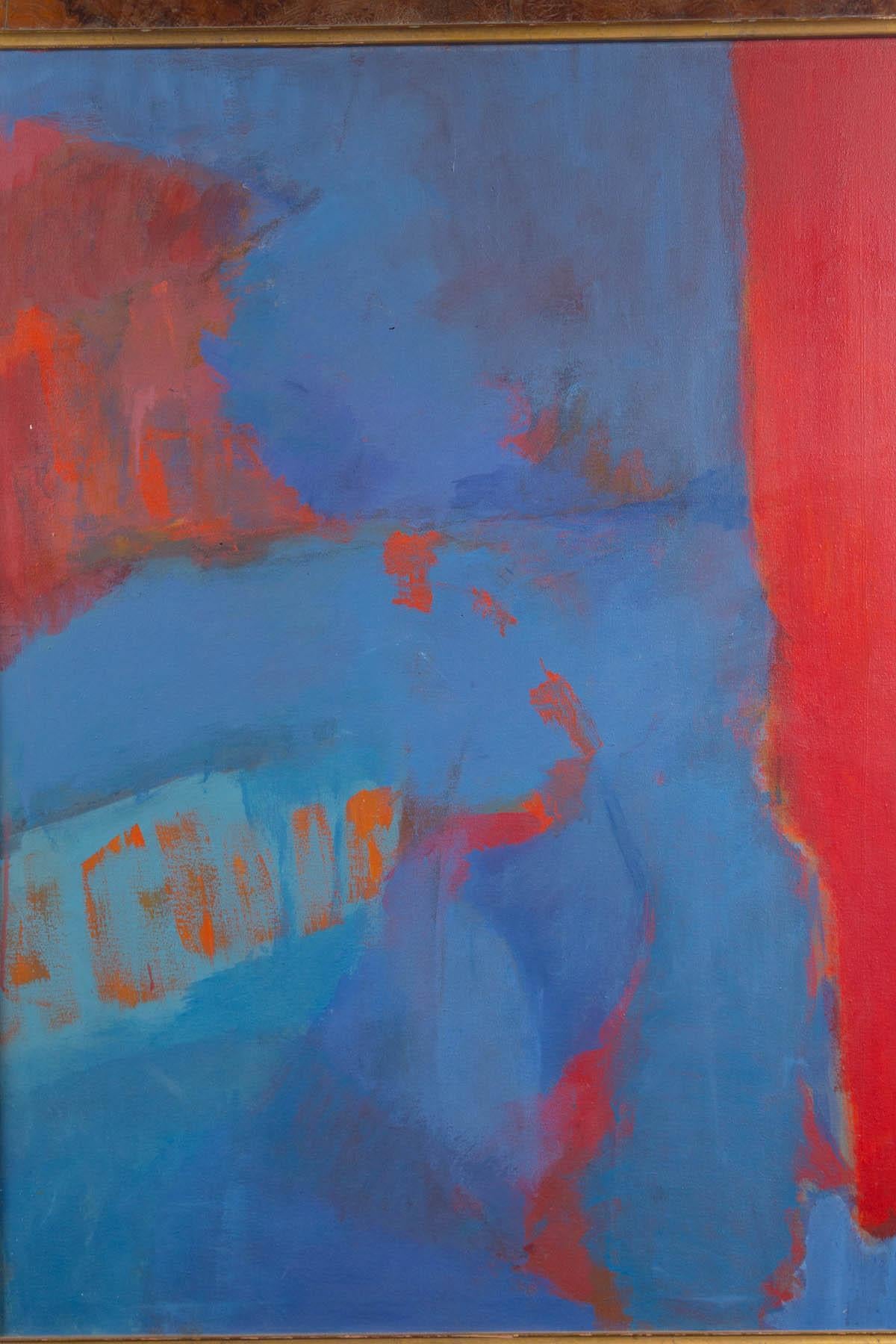 American Elsa Schachter, Abstract Oil on Canvas, Reds, Blues, 1960s