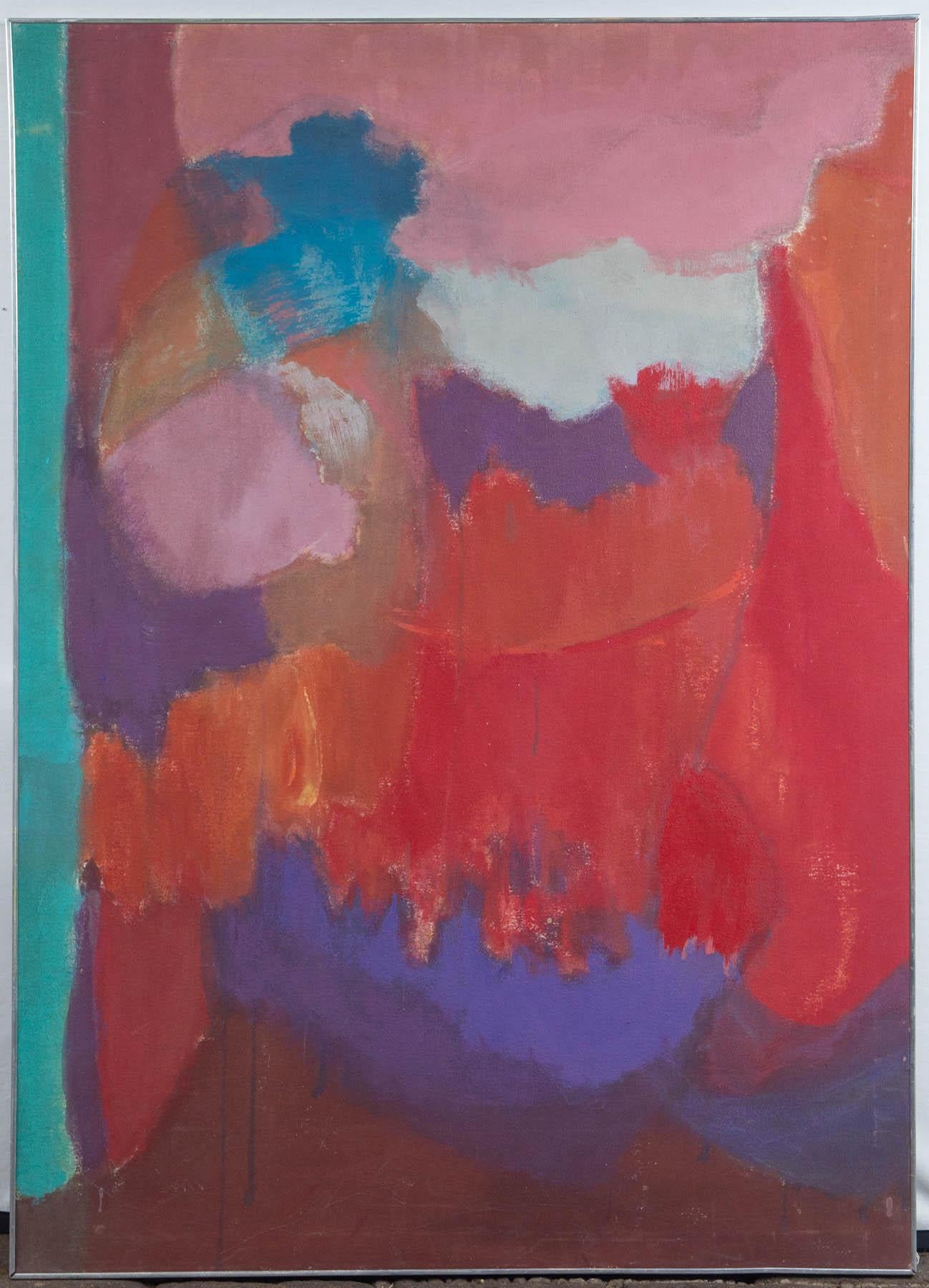 American artist, Elsa Schachter born 1912. Abstract oil on canvas of pink, purple, red, turquoise. Signed on the back. Framed in a thin chrome frame,
circa 1960.