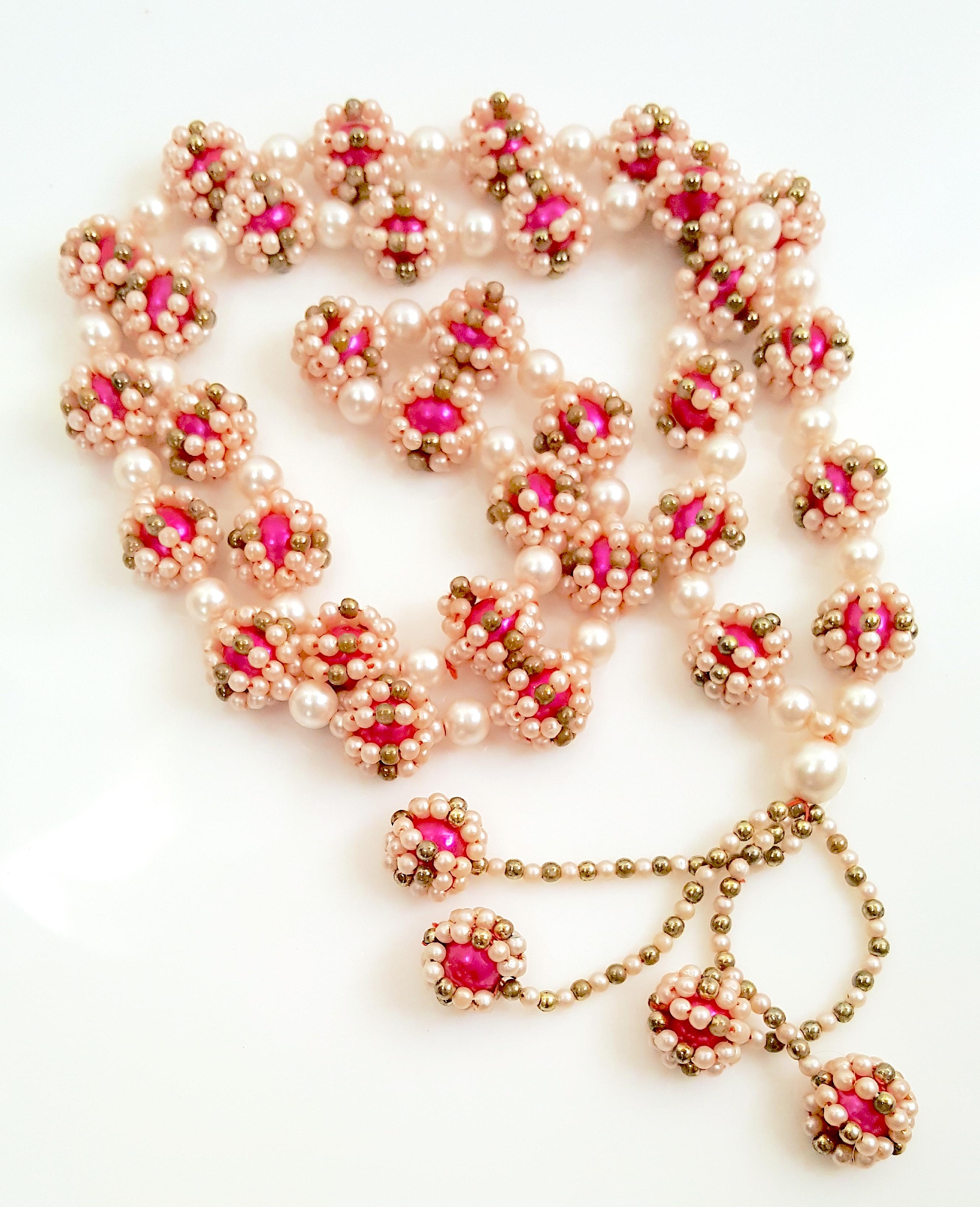 Couture 1930er ElsaSchiaparelli-Stil Rosa FauxRuby GoldGlas Perlen Quaste Sautoir im Angebot 1