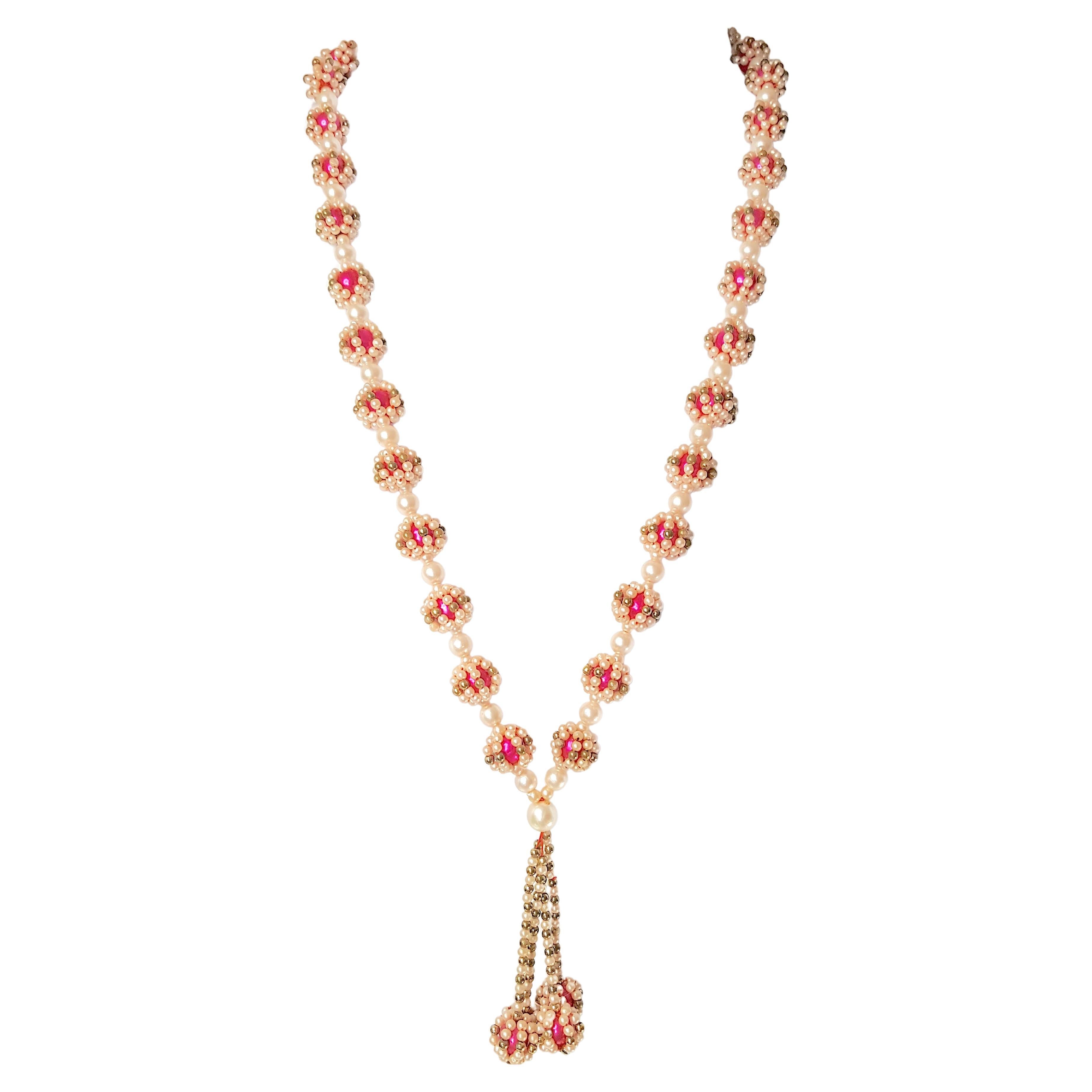 Couture 1930er ElsaSchiaparelli-Stil Rosa FauxRuby GoldGlas Perlen Quaste Sautoir im Angebot