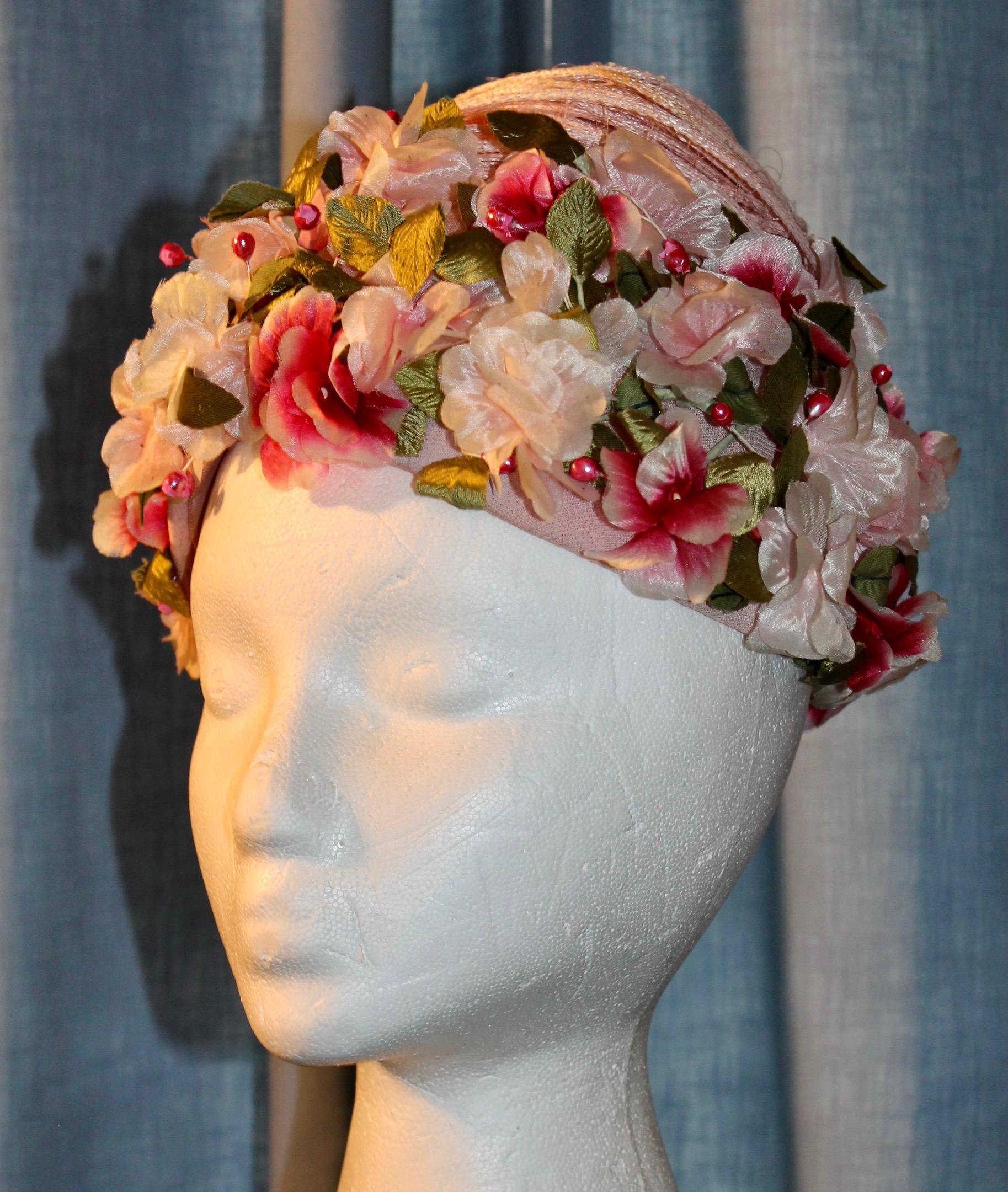 Elsa Schiaparelli 1950's Silk Flowers Hat In Good Condition For Sale In Sharon, CT