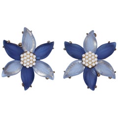 Elsa Schiaparelli Blue Frosted Glass Floral Earrings, 1970s