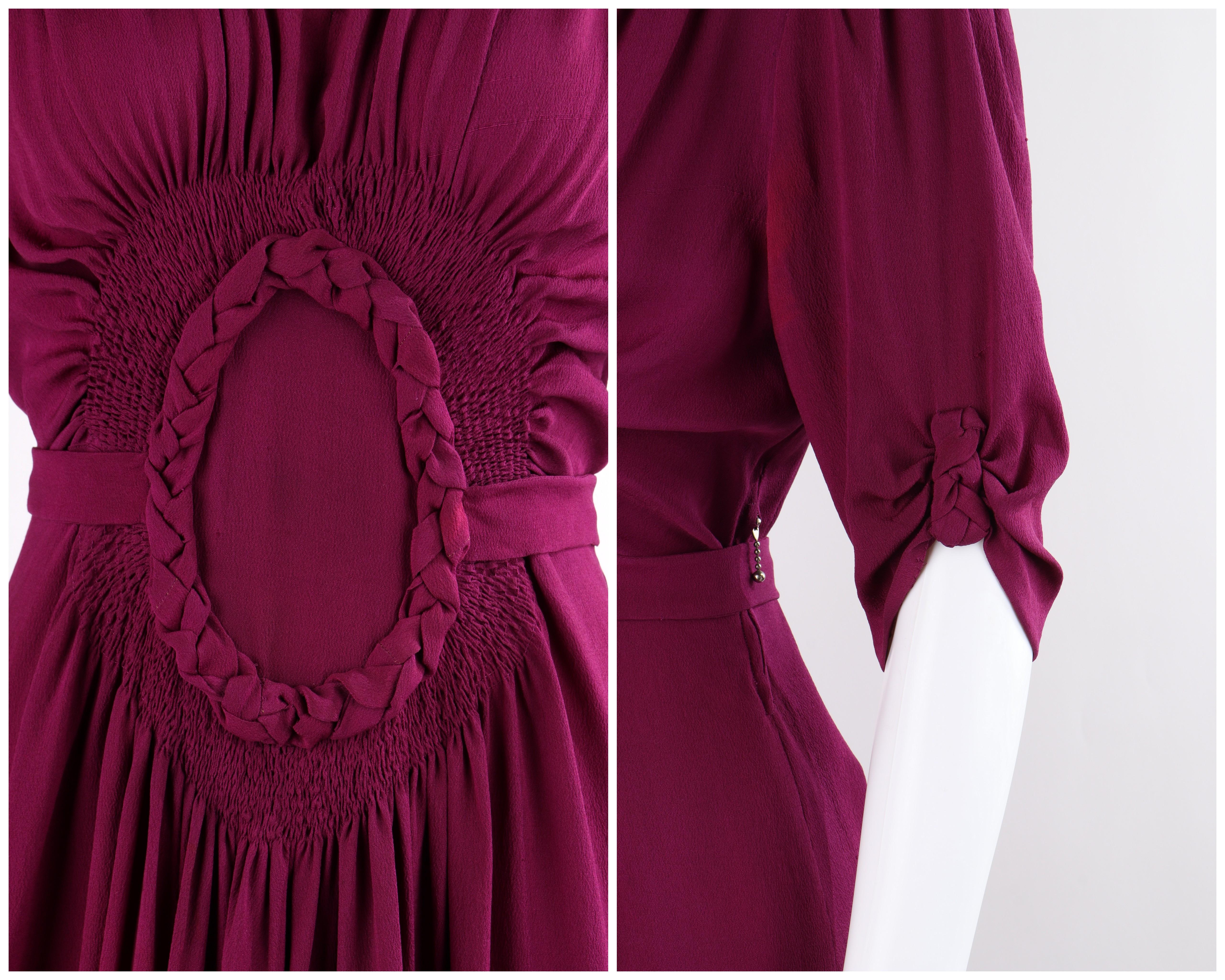 ELSA SCHIAPARELLI c.1930's Magenta Smocked Braided Trim Belted Dress Early Label 1