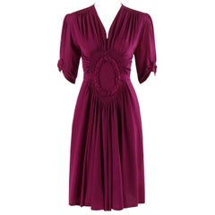 Vintage ELSA SCHIAPARELLI c.1930's Magenta Smocked Braided Trim Belted Dress Early Label