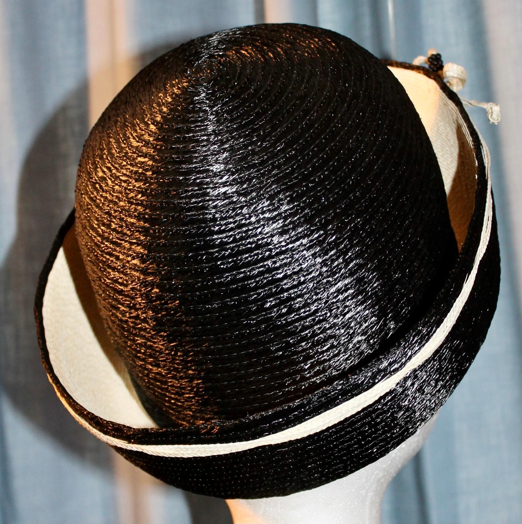 Elsa Schiaparelli Paris 1950's Black Straw Hat For Sale 5