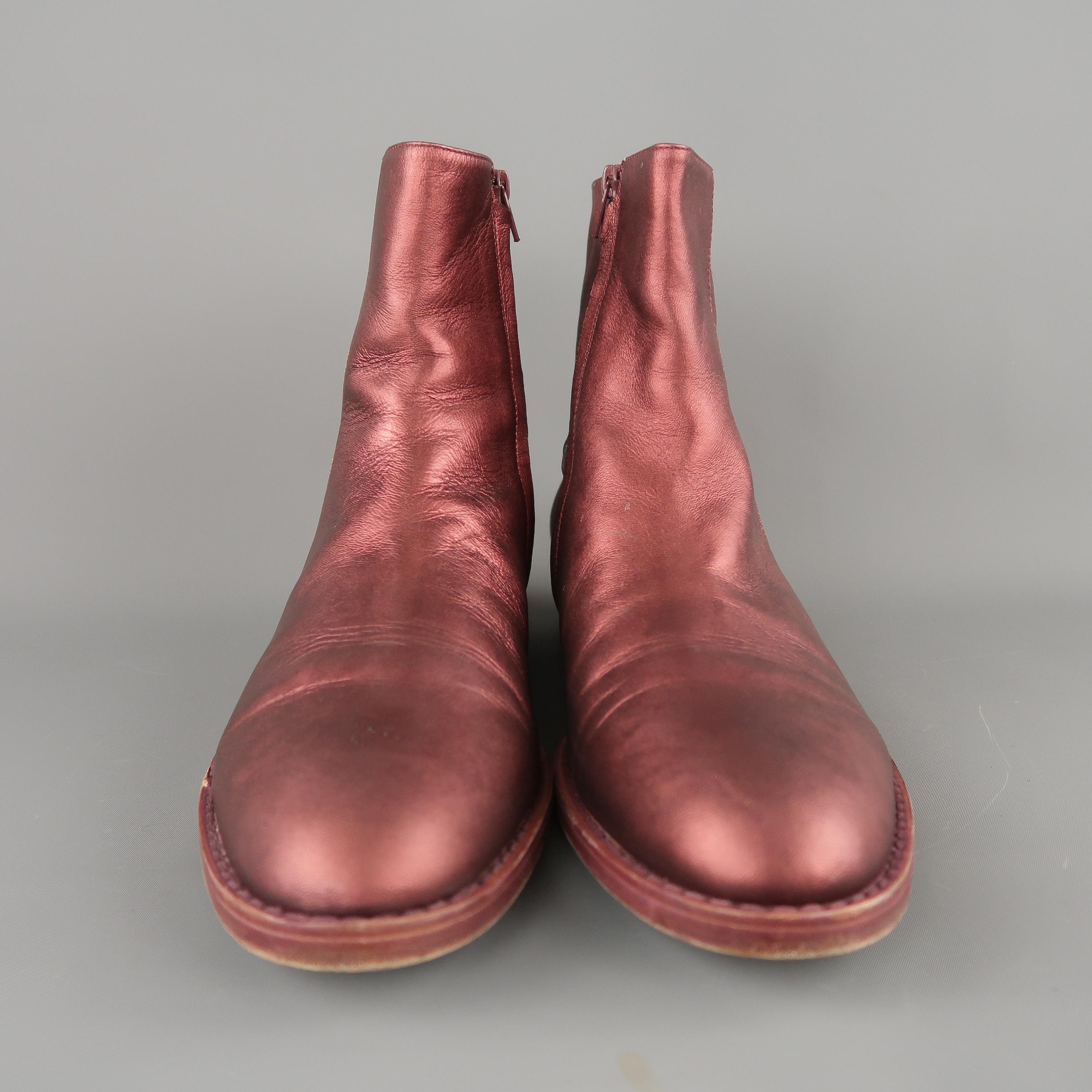 ELSA Size 10.5 Burgundy Metallic Leather Ankle Boots In Excellent Condition In San Francisco, CA