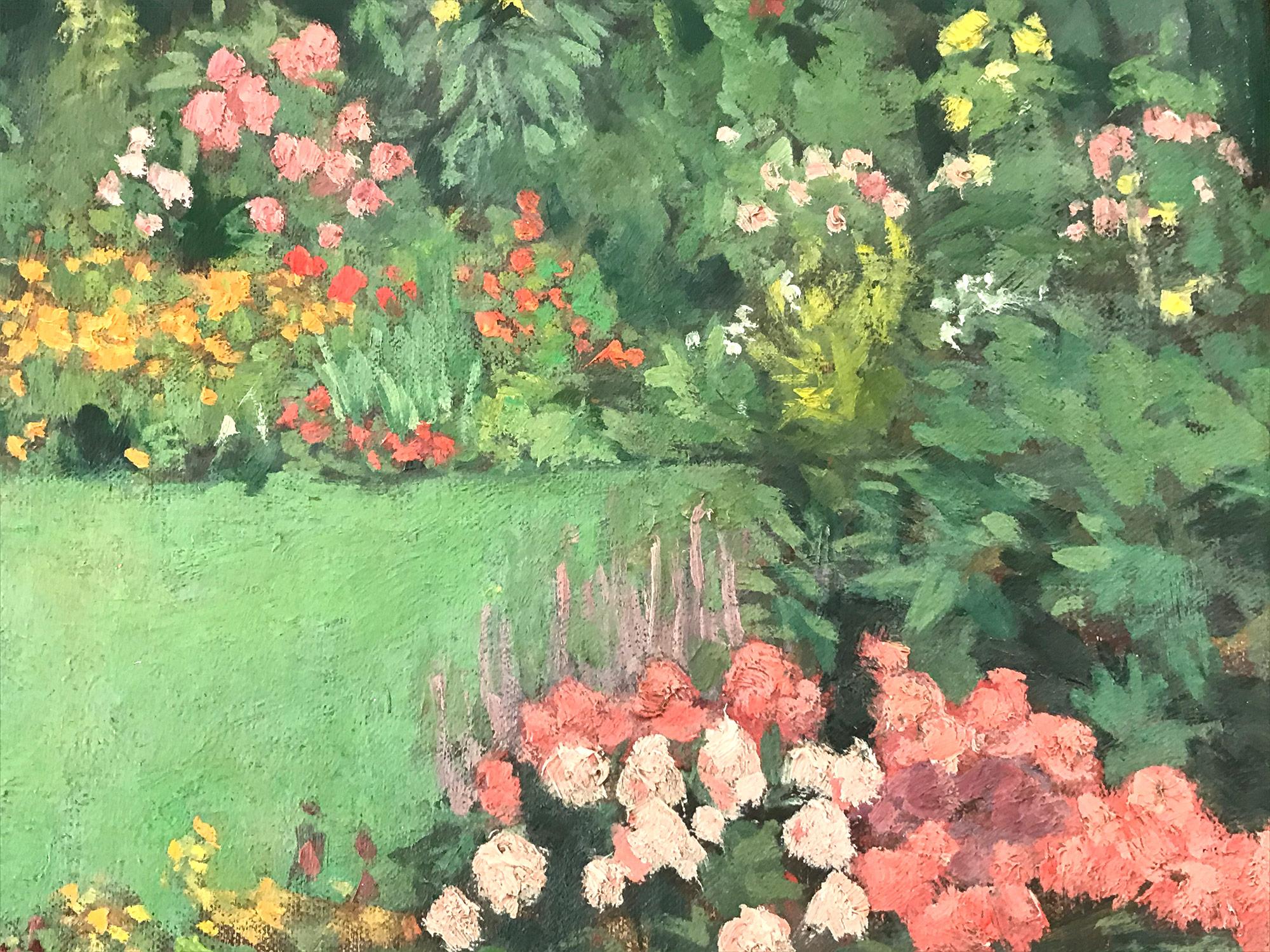 A stunning depiction of a view of the Garden by Dutch painter Elsa Wouterse van Doesburgh depicting a lush garden with colorful flowers. Doesburgh was known for her oil paintings of lush landscapes, the county side and for her still-life studies of