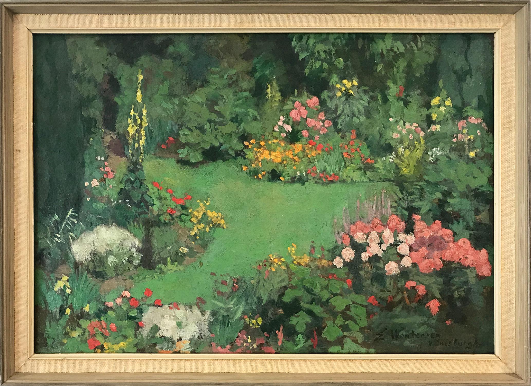 Elsa Wouterse van Doesburgh Landscape Painting - "Garden View with Flowers" Dutch Impressionist Landscape Oil Painting on Canvas