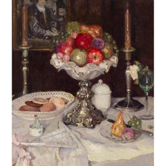 Still Life With Fruit, Candlesticks & Biscuits, Early 20th-Century Oil Painting