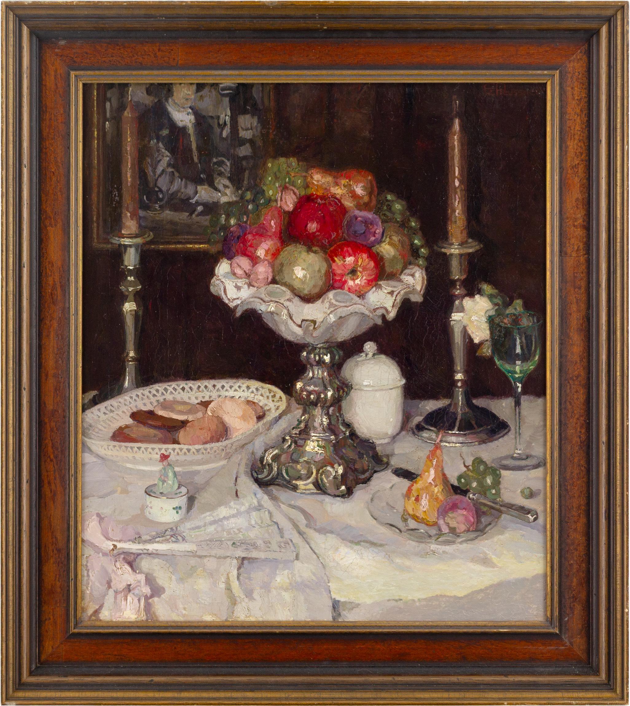 Still Life With Fruit, Candlesticks & Biscuits, Early 20th-Century Oil Painting