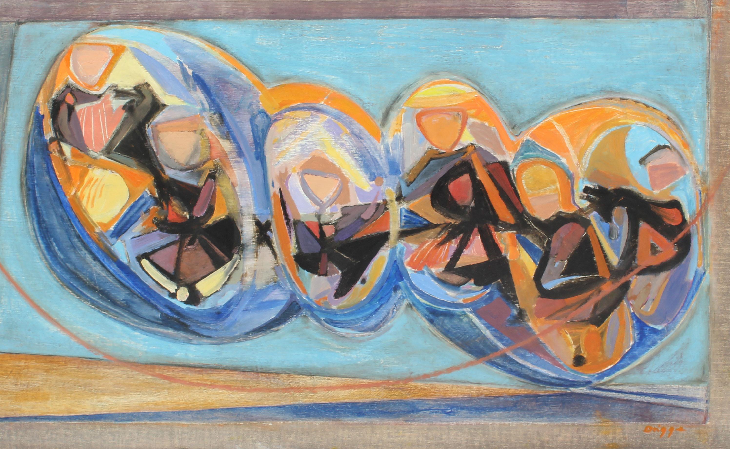 Antique American Modernist Woman Artist Abstract Cubist Jump Rope Oil Painting - Brown Landscape Painting by Elsie B. (Gatch) Driggs 