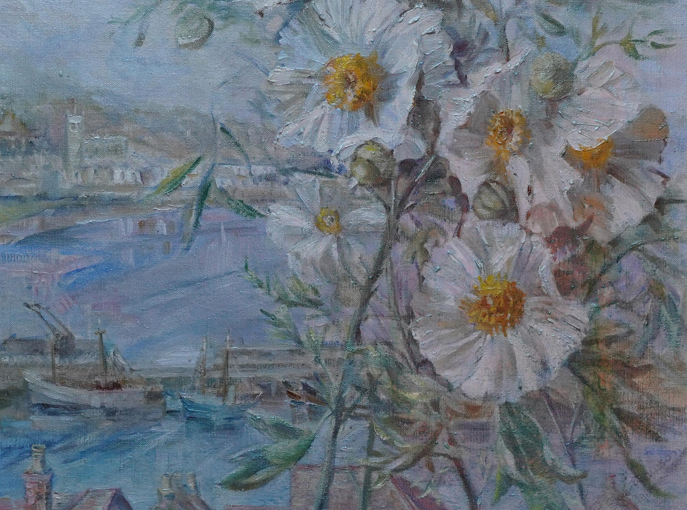 This lovely floral landscape oil painting is by artist Elsie Bye- Rawson. Painted circa 1960 the view is looking down from Newlyn and along the coast to Penzance in Cornwall. St Marys church at Penzance can be seen in the distance. This is a walk we