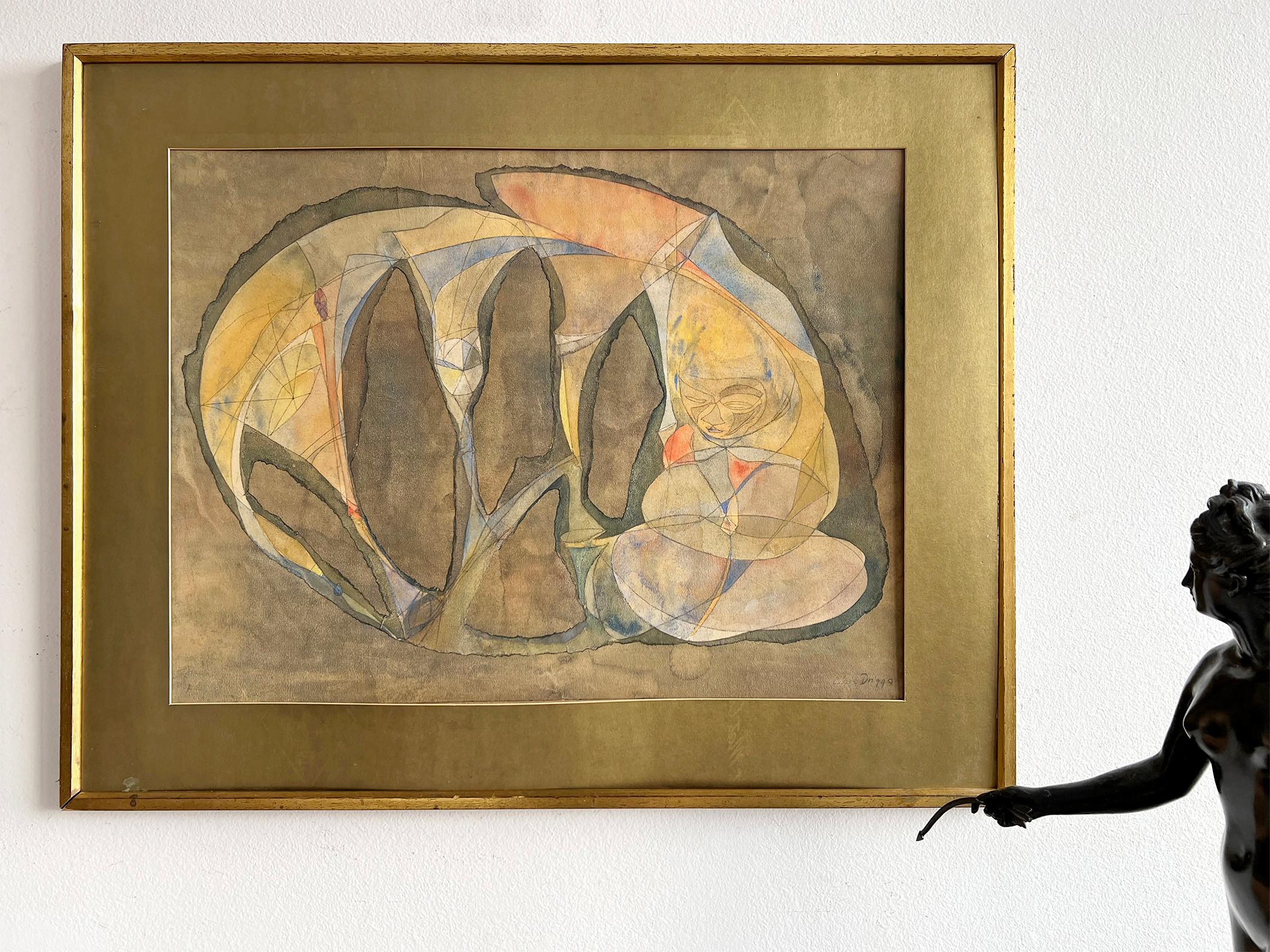 Pioneering female abstract artist Elsie Driggs paints stylized abstract organic forms in a warm palette of orange browns and tope.  She merges abstraction with some figuration. A  structured face composed of lines and tone emerges from an orange