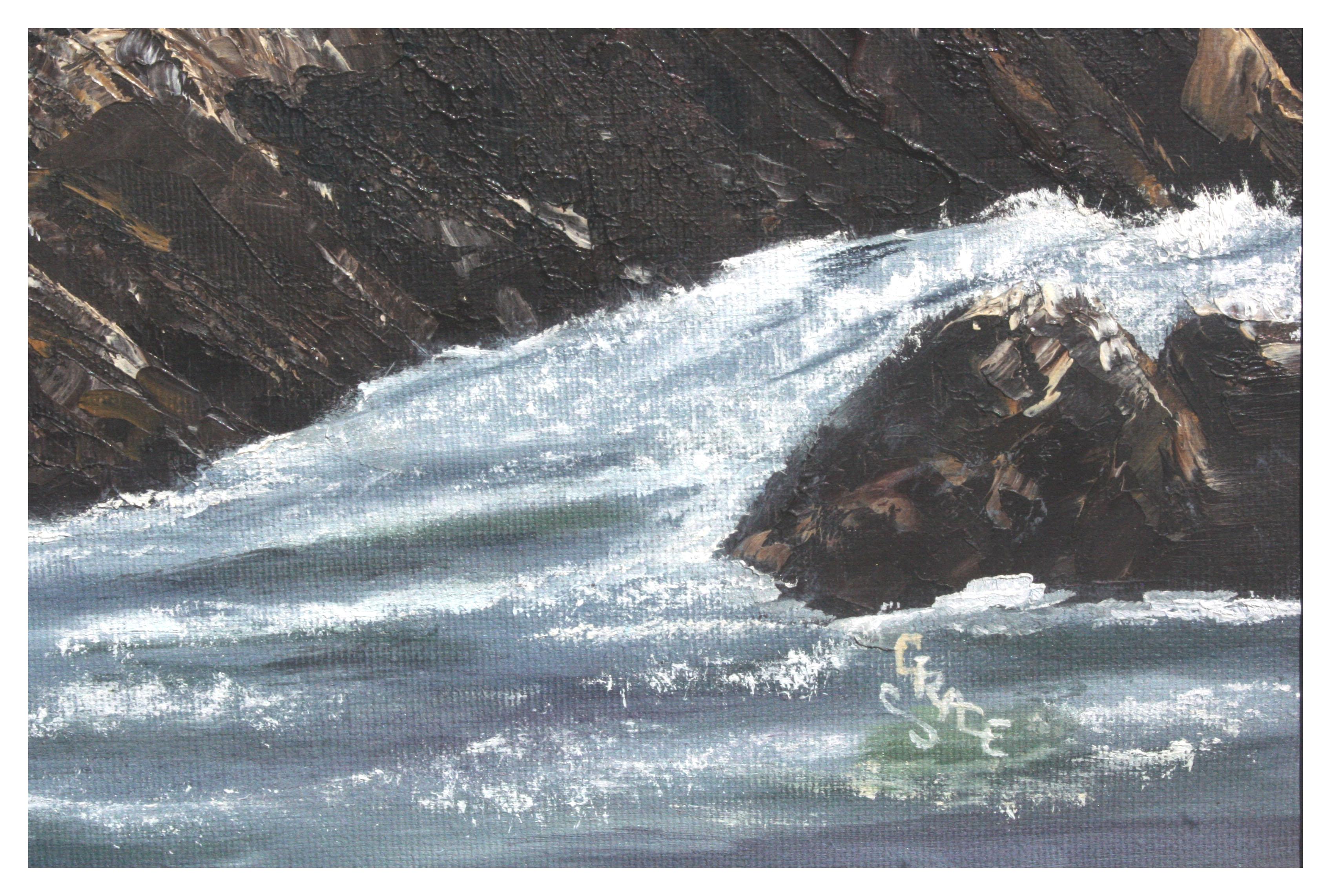 Olas que rompen, paisaje marino de mediados de siglo en la costa del Pacífico - Landscape Painting Gris de Elsie Grace